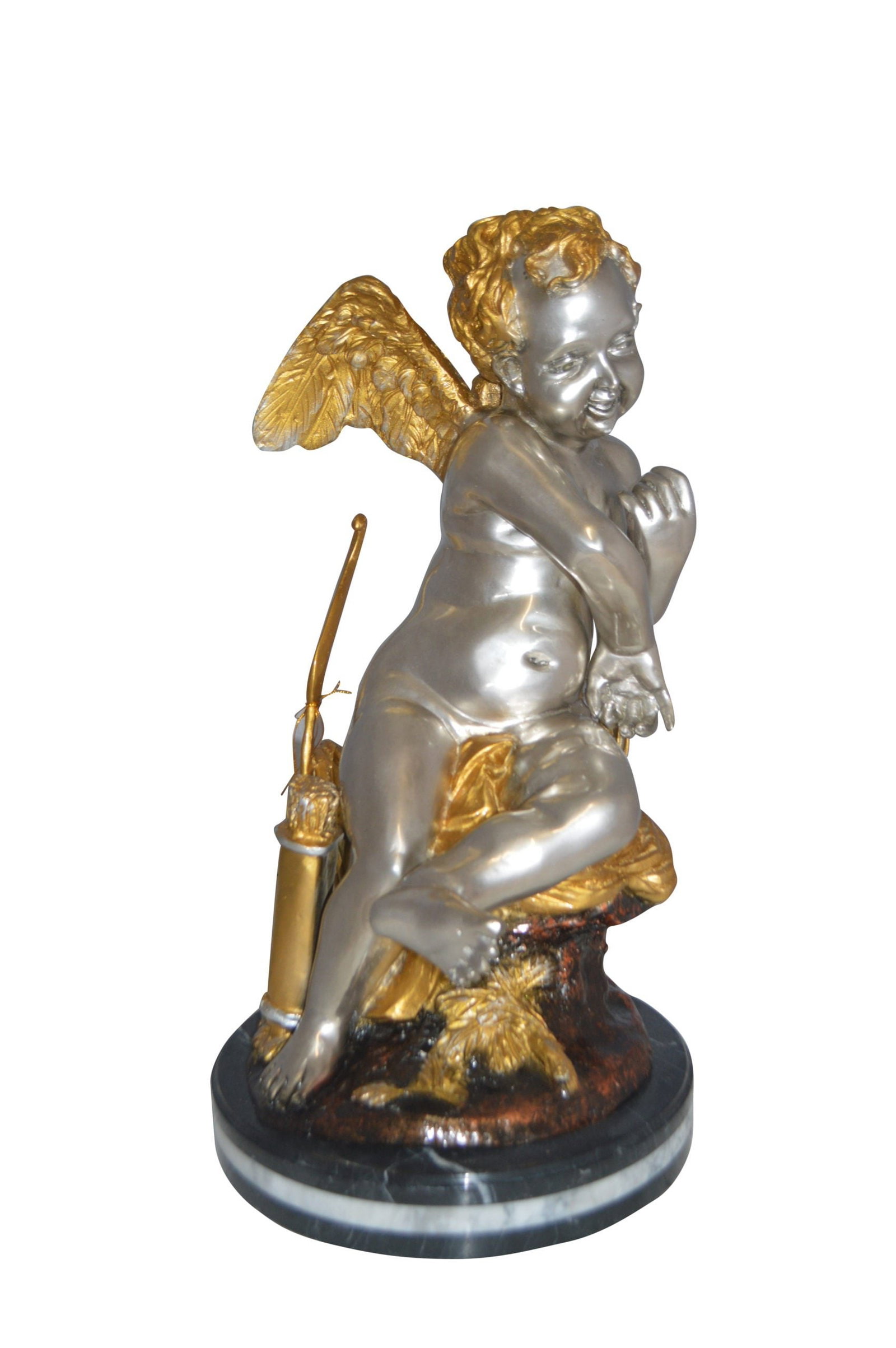 Cupid Girl On A Rock Bronze Statue - Size: 20"L x 15"W x 25"H.: This is a gorgeous statue of a Cupid Girl Sitting on a Rock mounted on a triple marble. The Cupid has a bow and arrows in her right hand side, all of which contribute to a general atmosphere of beauty