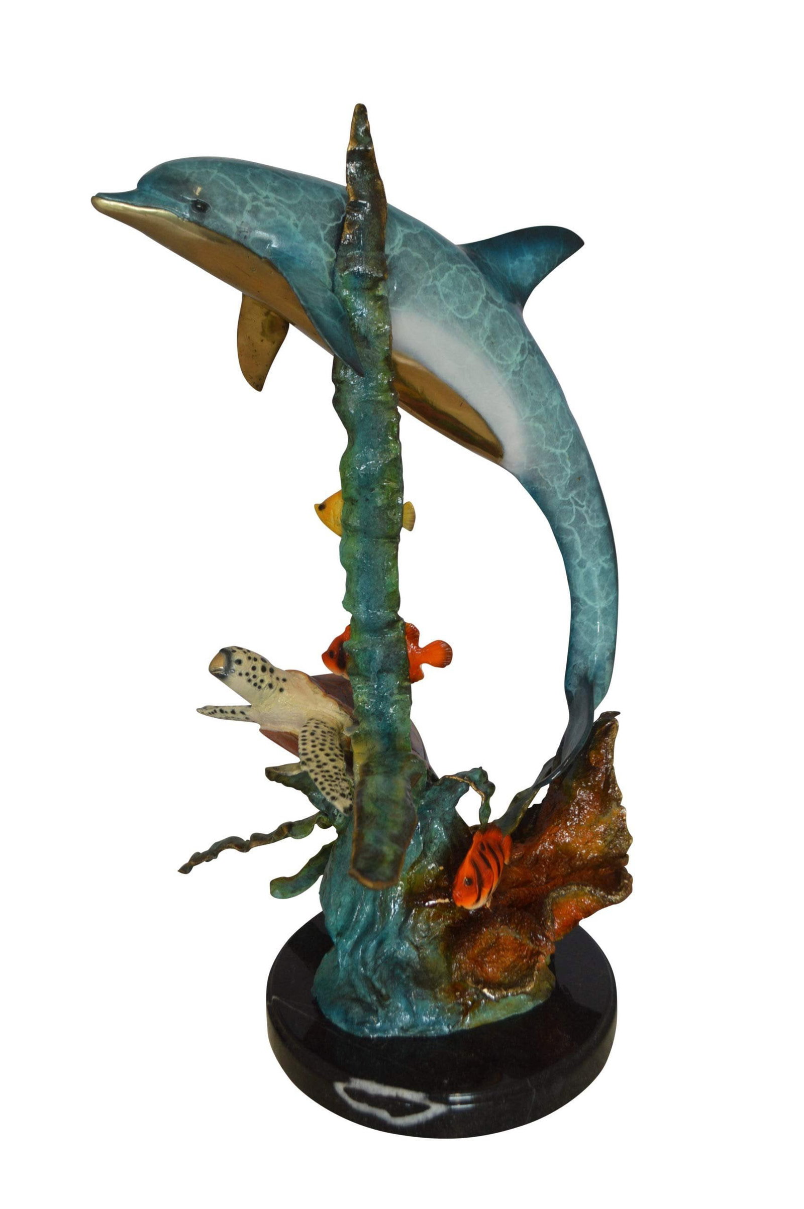Dolphin , Turtle And Fish Bronze Statue - Size: 18"L x 16"W x 25"H.: Surprise your garden or home guests with this realistic outdoor Bronze Statue of a Dolphin along with fish and sea turtles. Produced using superior quality bronze and a traditional casting method that