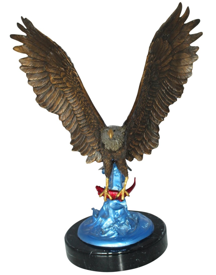 Eagle Catching his Prey Bronze Statue - Size: 17"L x 20"W x 25"H.: Sculpted beautiful eagle holding his prey, bronze sculpture / statue on a marble base. The eagle head captures the essence of the majestic bird of prey. The eagle's very large hooked beak is used for 