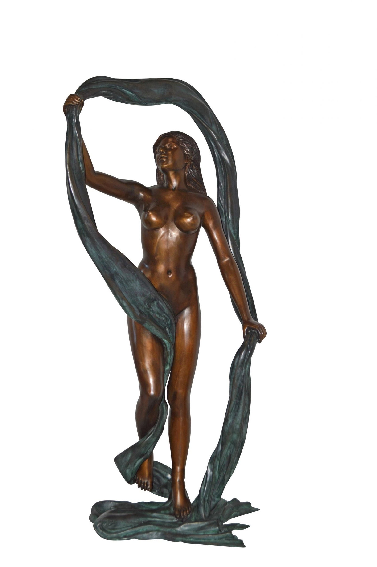 Exotic Fabric Dancer bronze statue ? life size - Size: 18"L x 24"W x 49"H.: This fabric dancer is in a gorgeous nude pose, cast as an exceptionally large, beautiful bronze statue. Figure dancers are known for their grace, athleticism, and beauty. All these components are capt