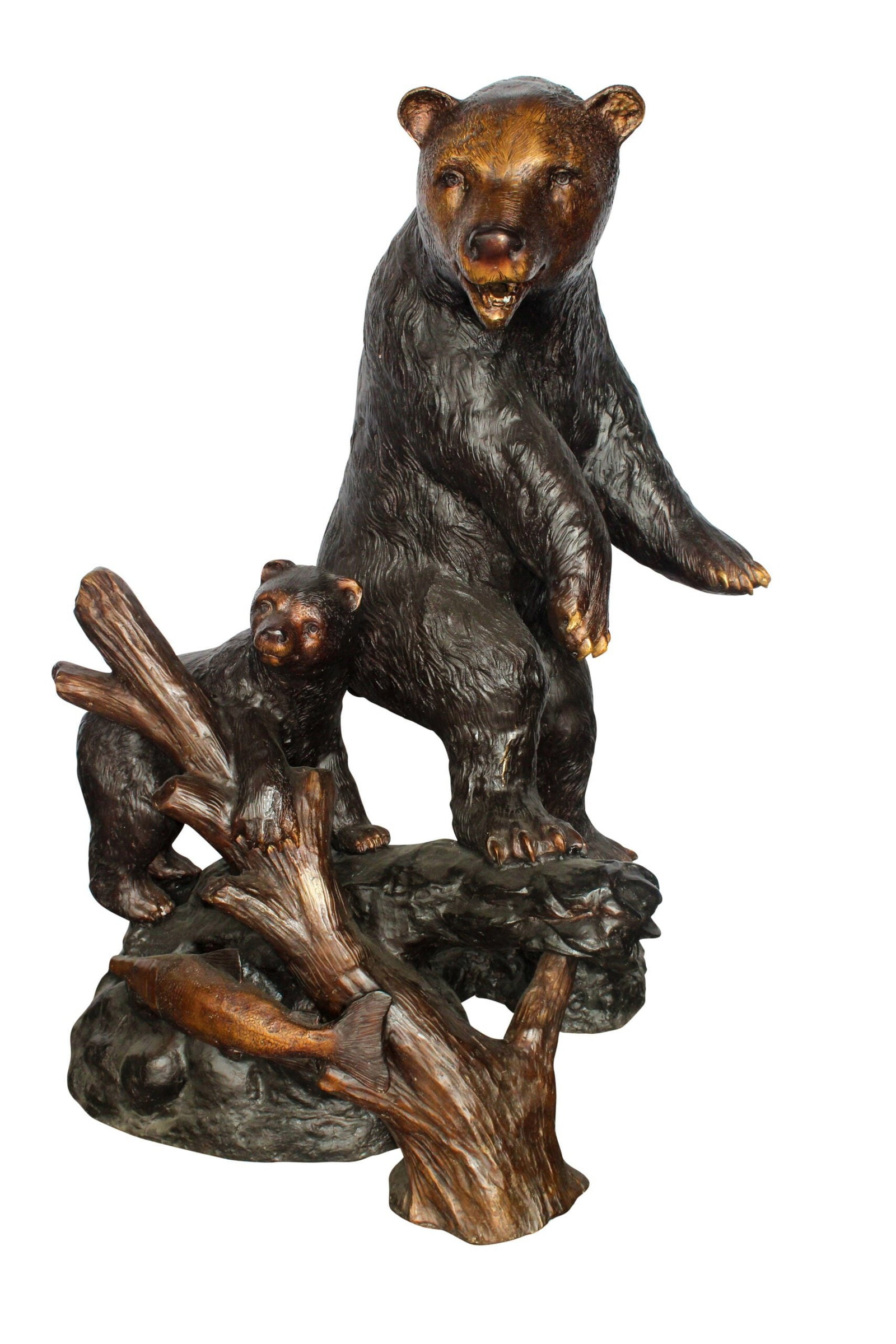 Giant Bronze Statue of a Standing Bear and Cub by the River 40" x 38" x 55"H: This giant bronze statue features a standing bear and cub by the river, handcrafted and cast using the traditional lost wax method. The detailed design captures the essence of nature, showcasing the b