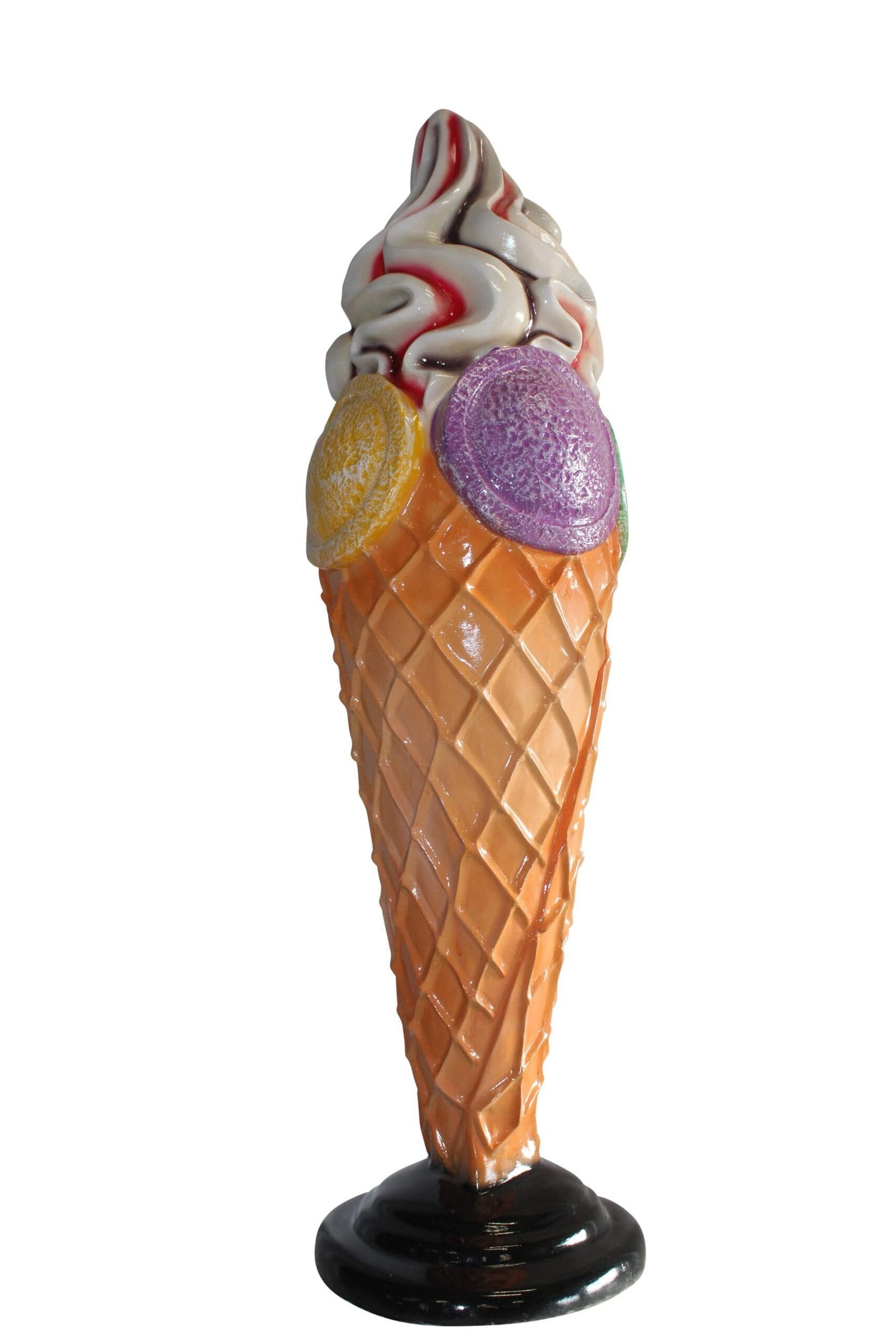 Giant Fiberglass Ice Cream Cone Statue, Sweet Delight 19" x 19" x 62"H: Introducing our Giant Fiberglass Ice Cream Cone Statue, a sweet delight for your ice cream parlor. Handcrafted and casted, this whimsical piece adds a touch of joy to any space. Bring smiles to your c