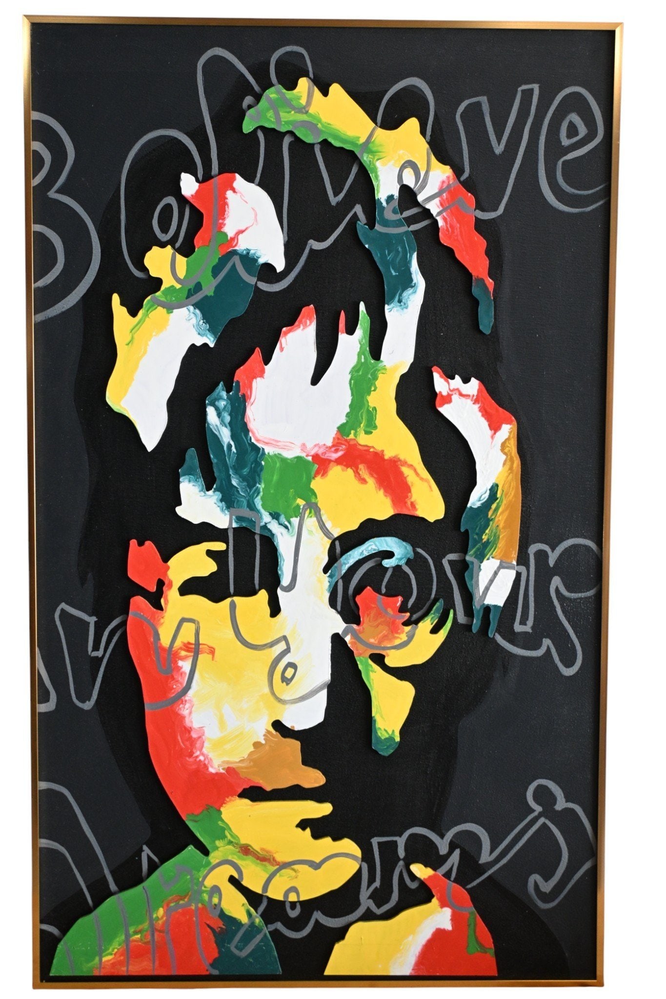 John Lennon Believe In Your Dreams Mixed Media Art 24"x39": Captivating John Lennon mixed media artwork on canvas featuring bold colorful materials creating a three dimensional portrait effect. The iconic musician is depicted with vibrant yellow green red and 