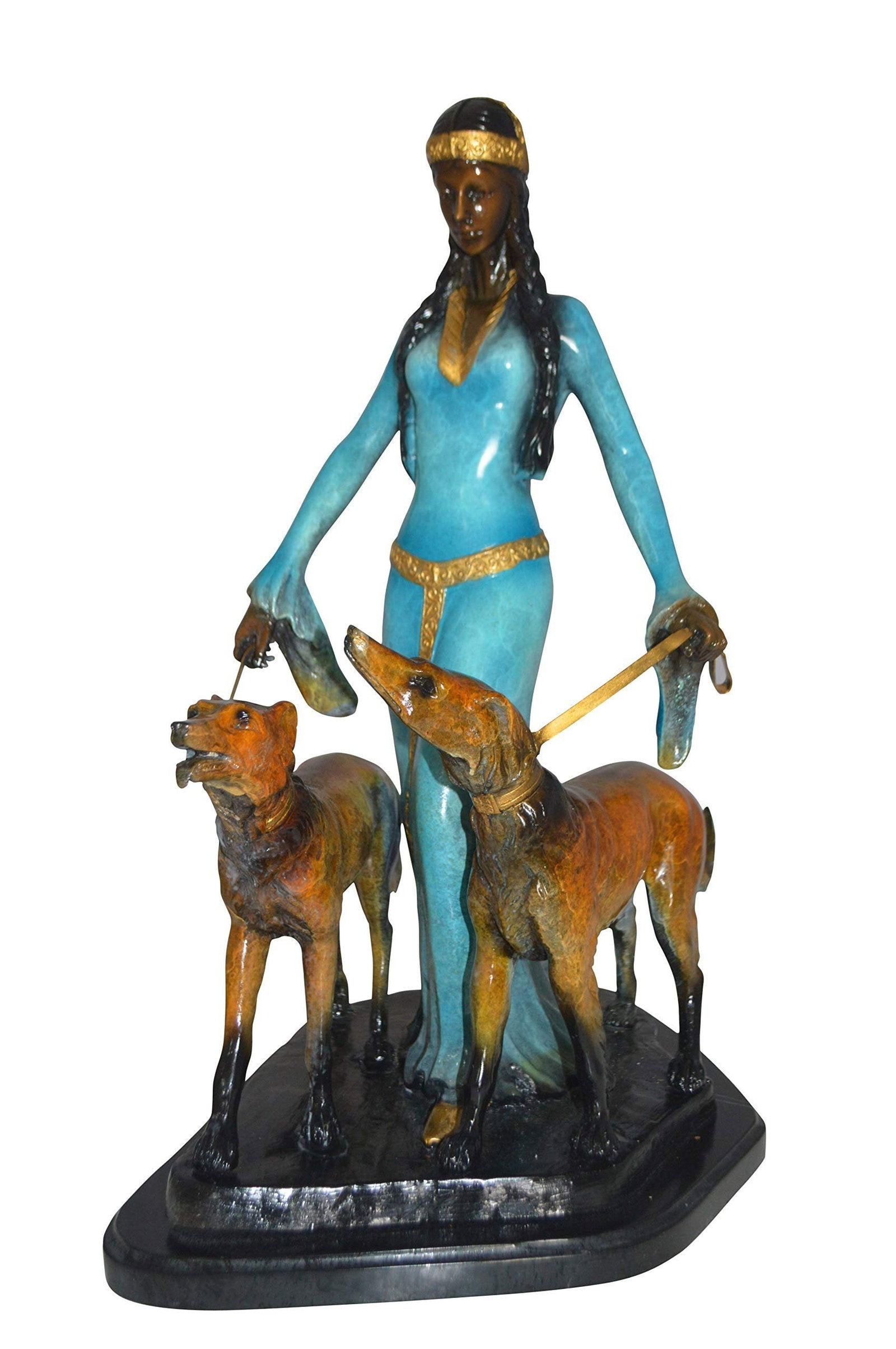 Lady with Her Two Dogs Bronze Statue - Size: 18"L x 12"W x 23"H.: This charming large size bronze statue depicts Beautiful Young Girl taking her dogs for a walk outside in the sun. This very fine and unique abstract was casted using the ancient old Lost Wax Method. 