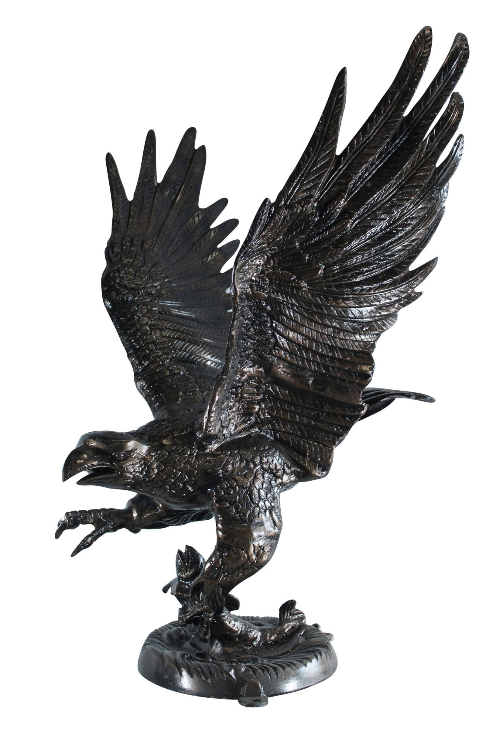 Large Aluminum Eagle Statue with Wings Spread in Flight 40" x 35" x 51"H: This striking aluminum eagle statue captures the powerful motion of an eagle with wings fully spread as it swoops down with its talons extended. The detailed texture and lifelike pose make it a dramat