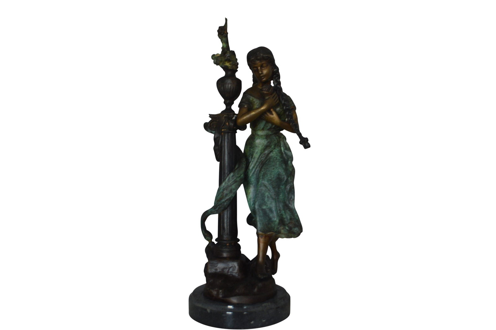 Les Amenes Beautiful Girl Bronze Statue - Size: 9"L x 8"W x 27"H.: The beautiful sculpture is a fantastical depiction of a young Girl casually walking by the park fastened by the view in front of her. Her simple cloths is slightly exposing her body. This is a great p