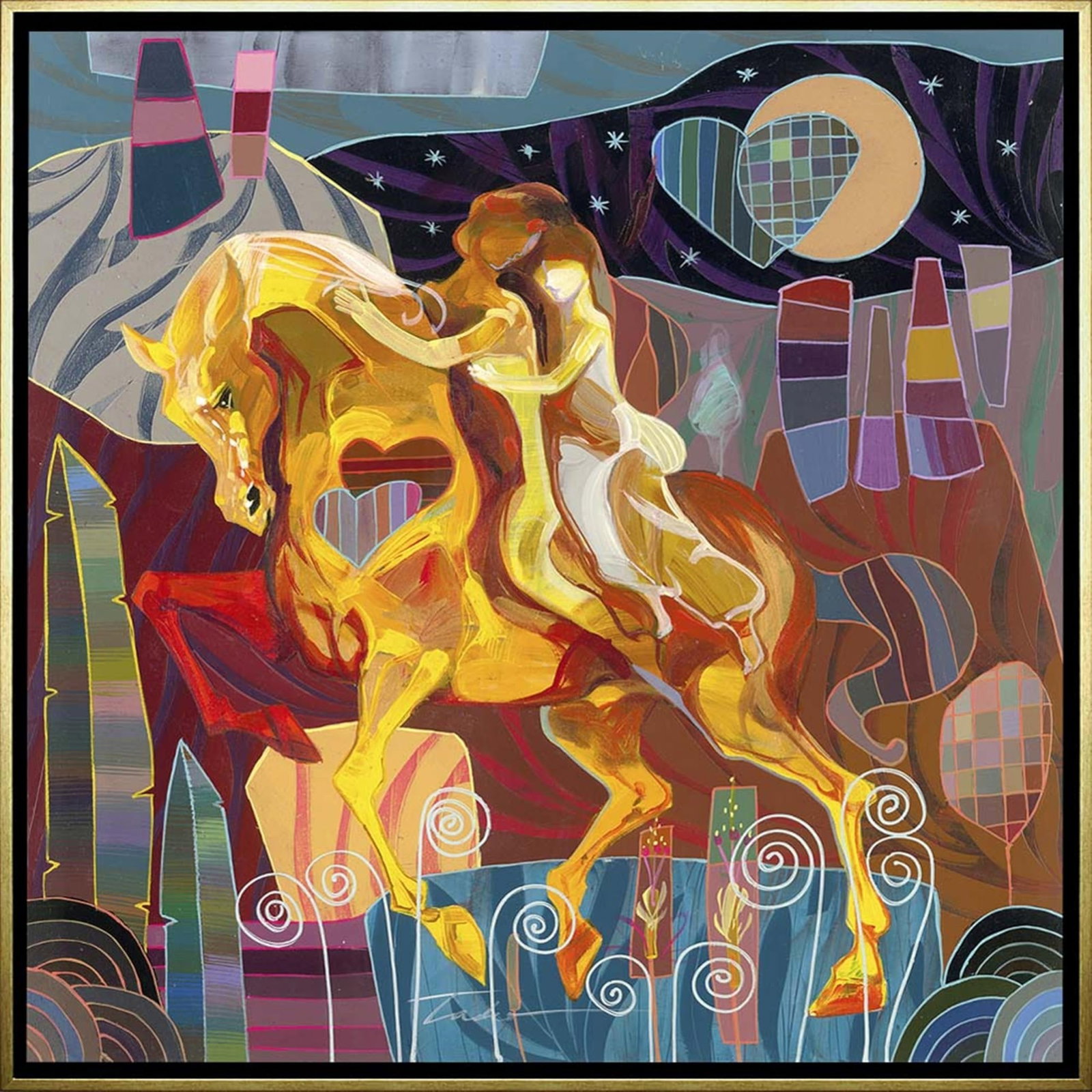 Limited Edition Runaway by Tadeo Zavaleta Colorful Art 34"x34": Fantastic limited edition giclee on canvas titled Runaway by renowned artist Tadeo Zavaleta. This captivating artwork bursts with vibrant colors featuring a romantic couple embracing while riding a ma