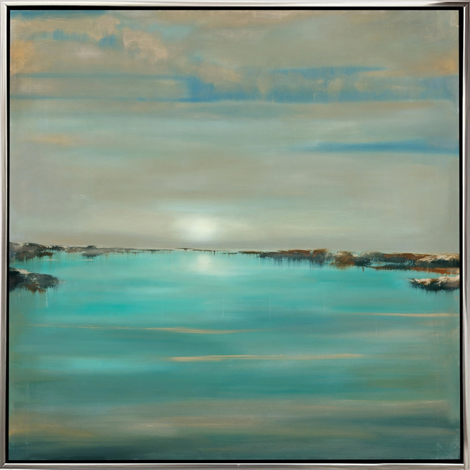 Limited Edition Soneto by Mario Themme Abstract Art 41"x41": Beautiful abstract seascape painting titled Soneto by renowned artist Mario Themme. This stunning limited edition giclee on canvas captures the ethereal glow of sunlight breaking through soft clouds a