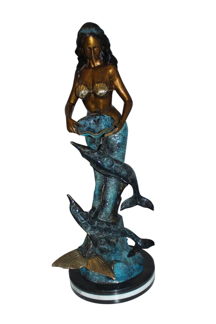 Mermaid with Dolphin Fountain Bronze Statue - Size: 16"L x 16"W x 39"H.: Magnificent mermaid with two dolphins bronze sculpture ? Fountain, holding a conch shell. The kneeling Mermaid has been treated with different colors and Polychrome techniques also referred to as enam