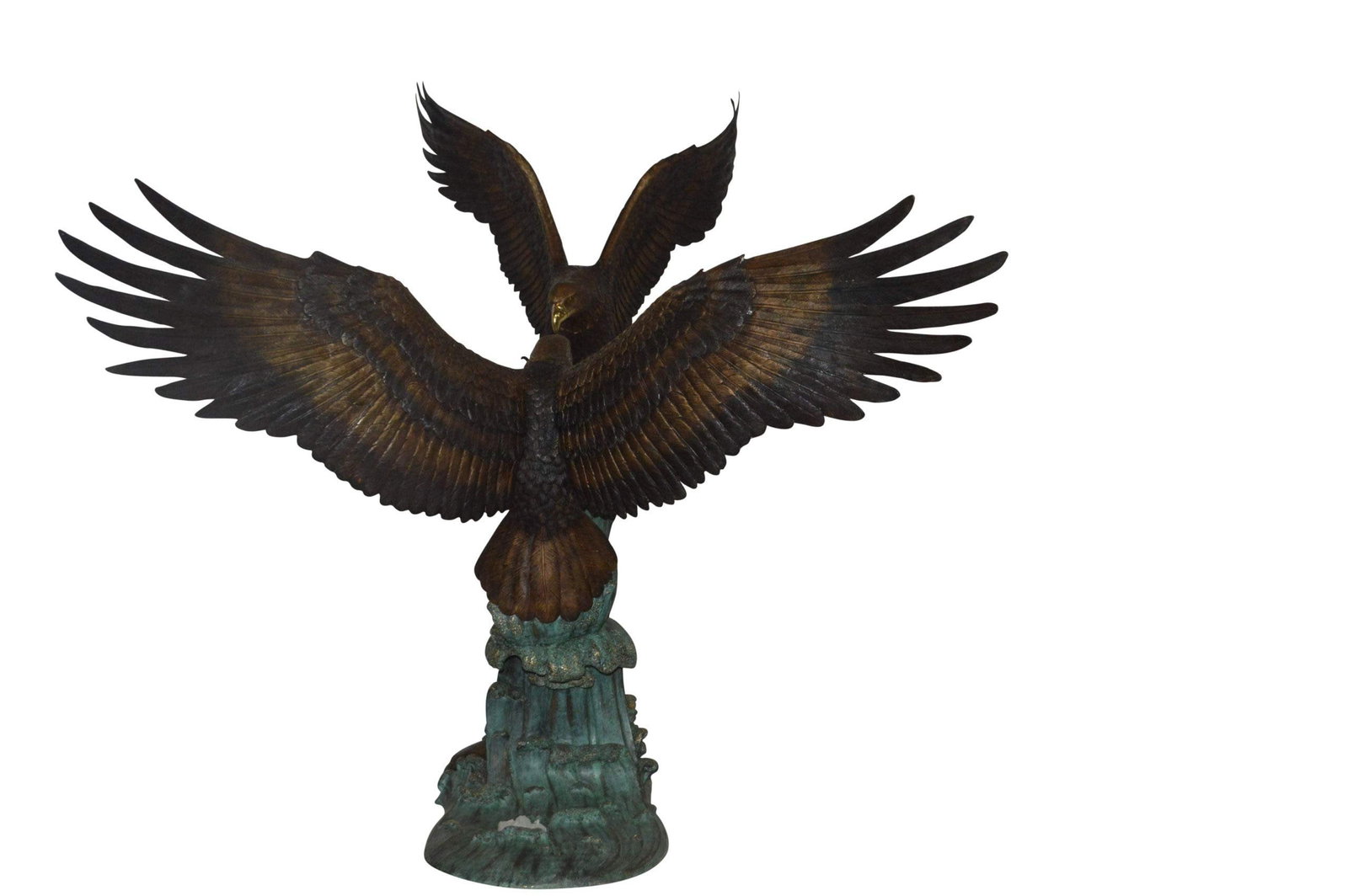 Opposing Eagles Bronze Statue - Size: 90"L x 69"W x 90"H.: This powerful bronze statue will bring strength to any room with the unique design and emotion presented in the piece. The work of art presents two mighty eagles soaring above while gawking at one ano