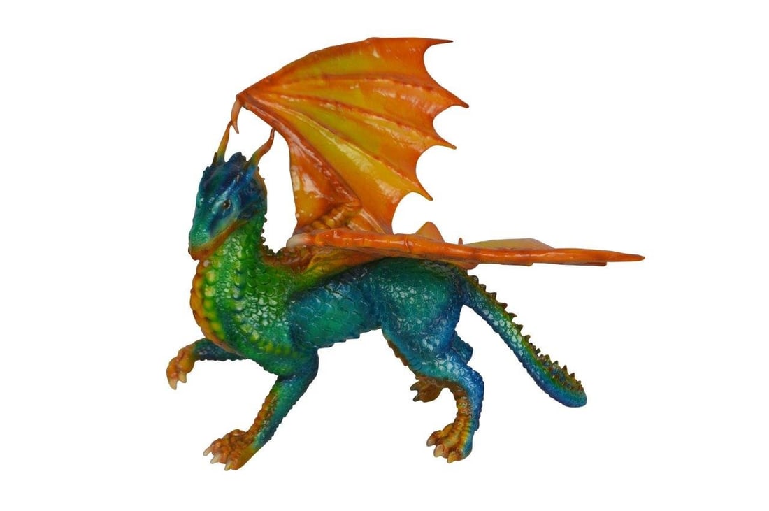 Painted Dragon Bronze Statue - Size: 16"L x 15"W x 12"H.: This beautifully painted dragon statue is a perfect addition to any home. Its gorgeously colored scales and wings are a lively plus in any environment. It is cast in a fine bronze and is lovely for an