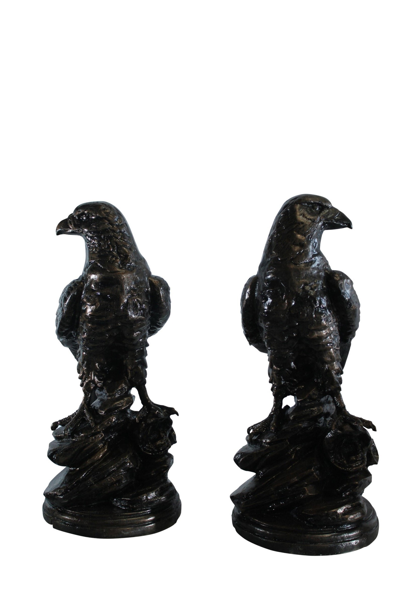 Pair of Aluminum Eagle Statues Majestic Bird Sculptures 20" x 12" x 14"H: This striking pair of aluminum eagle statues showcases the grace and power of these majestic birds. Each figure is highly detailed, capturing the feather texture and focused gaze. Perfect for entrance
