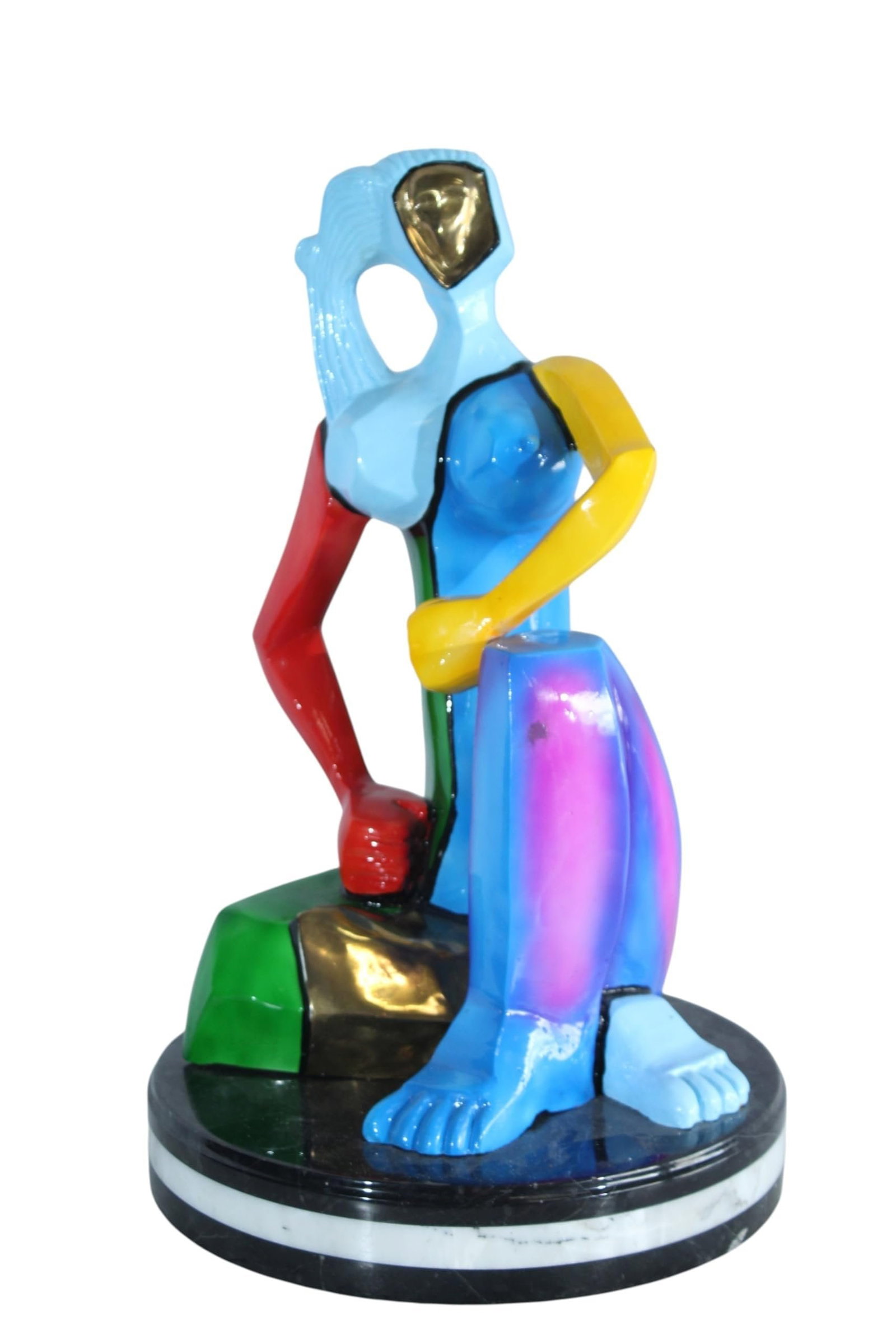 Picasso Style Bronze Woman Statue Colorful Abstract Modern Art 14" x 14" x 23"H: Crafted in the lost wax process, this Picasso style bronze statue portrays a seated woman in vivid abstract colors with a glossy clear finish. Strong cubist lines and bold geometric sections of red, b