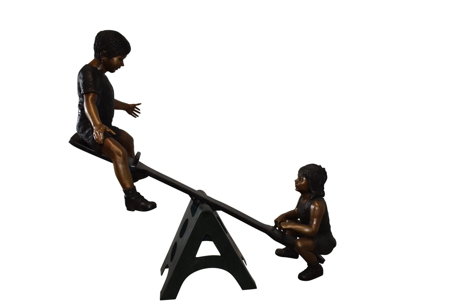 Playful Children on a See-Saw Bronze Statue Size: 76" x 27" x 59"H: Both the children and their act of playing together on a see-saw are a beautiful and genuine symbol of youth. This life-sized bronze statue is extremely detailed, with the sculptor sparing no talent i