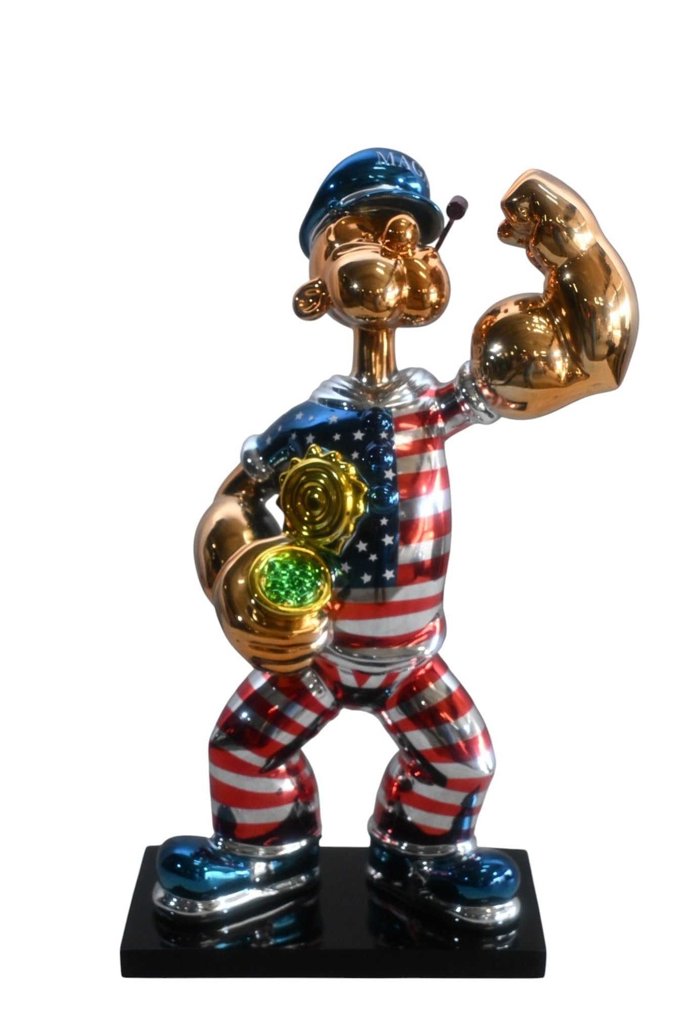 Popeye MAGA Statue Resin Patriotic Figurine 11"x6"x17"H: Eye catching resin sculpture of Popeye the Sailor in patriotic attire. This bold figurine features the beloved cartoon character wearing an American flag themed outfit with MAGA cap while flexing his 