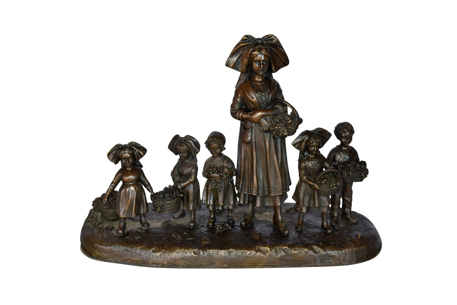 Pre School-Gathering in Vineyard Grapes Bronze Statue Size: 19" x 8" x 14"H: This superb sculpture depicts preschool kids and teacher gathering in vineyard grapes garden. This bronze handmade, brown patina sculpture was cast using the Lost Wax Method. The statue is a one-of-a-