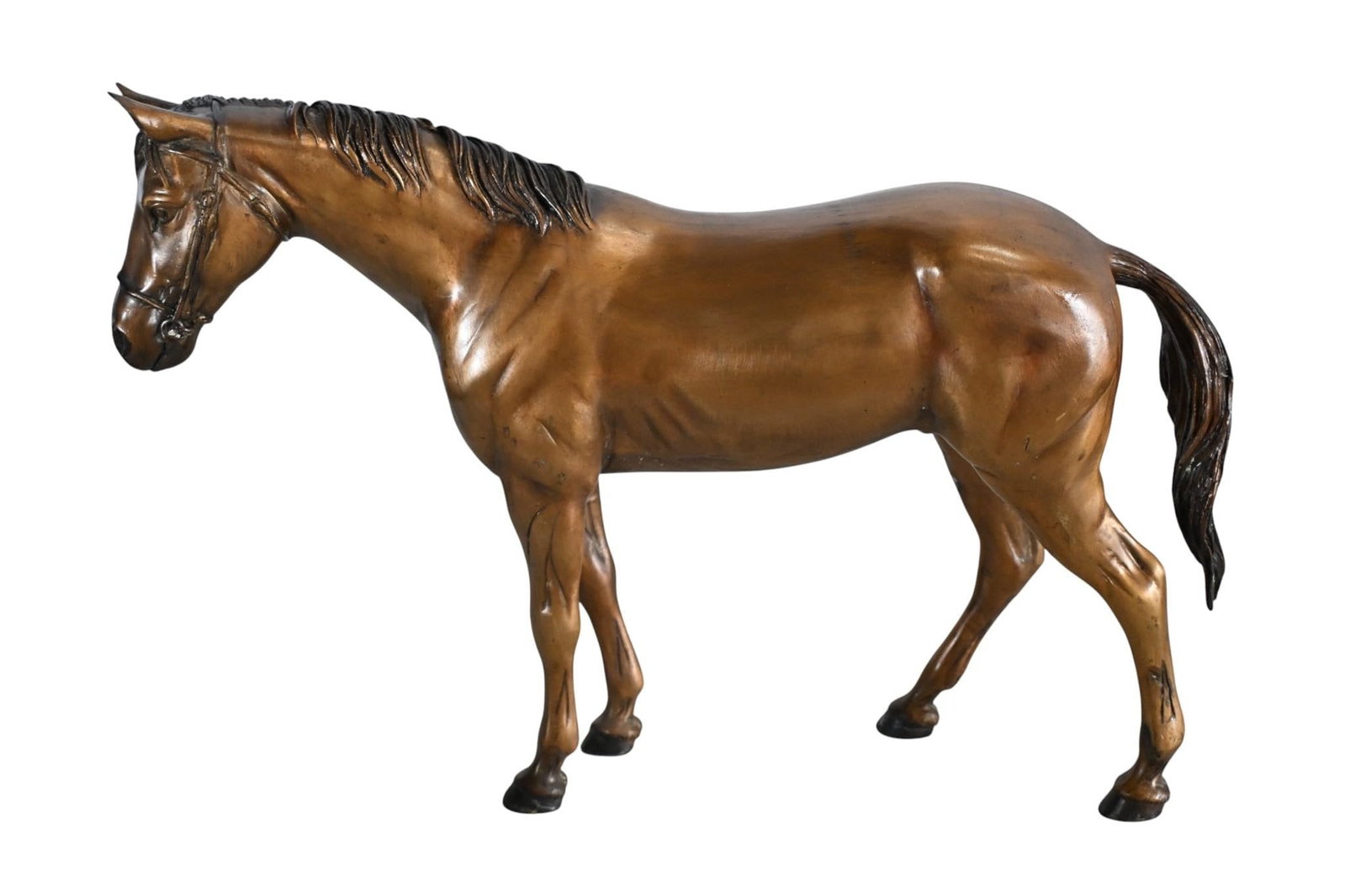 Standing Horse Bronze Statue Equestrian Sculpture Figurine 20"x5"x14"H: Majestic bronze standing horse sculpture in classic noble pose. Crafted using traditional lost wax method with warm brown patina and contrasting dark mane tail and hooves. Exceptional anatomical detai
