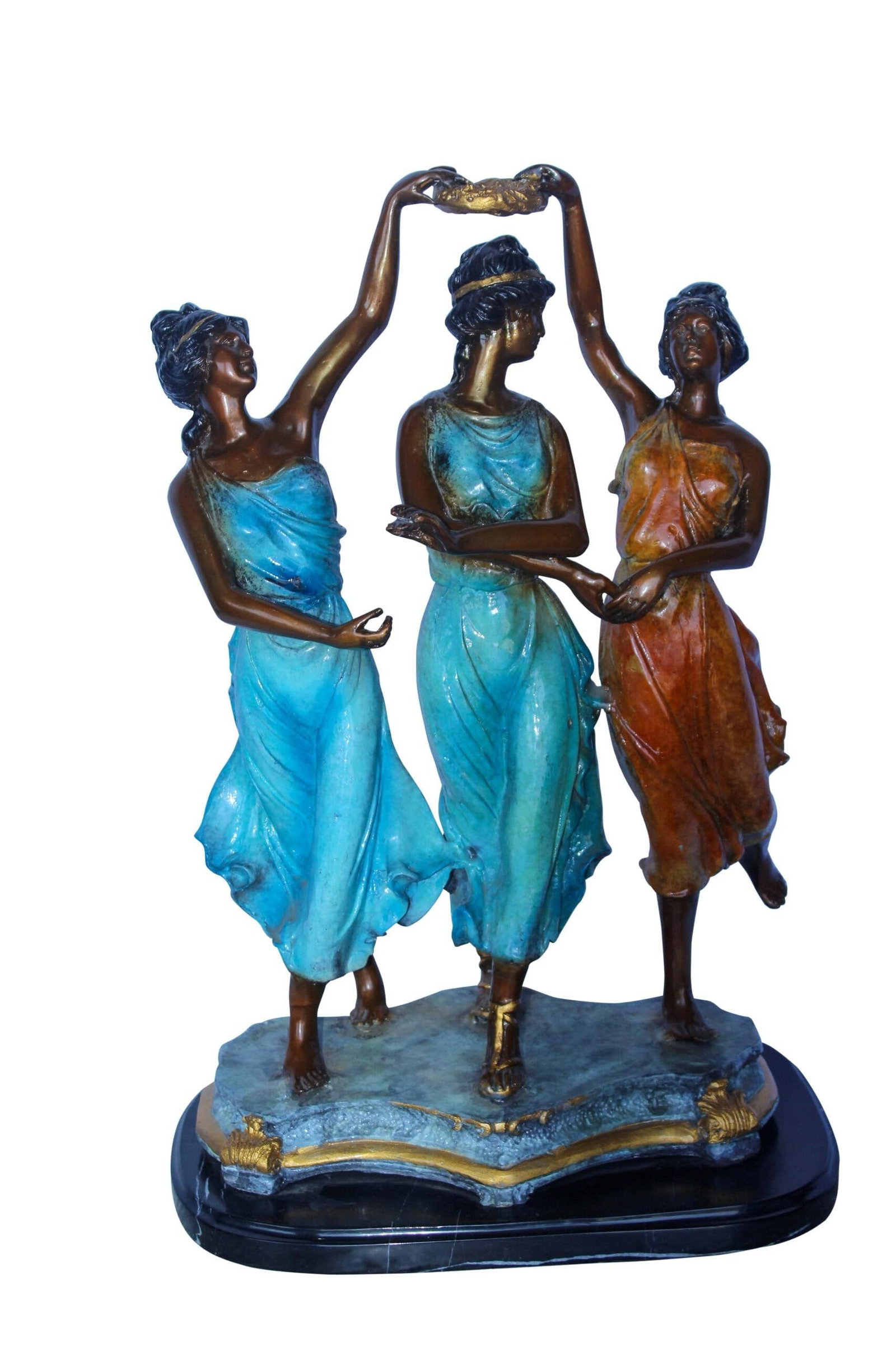 Three Dancing Ladies, Colorful Bronze Statue on a marble base 15" x 10" x 23"H: This bronze statue features three dancing ladies in a colorful display, set on a marble base. Handcrafted and cast using the traditional lost wax method, it showcases fine craftsmanship and intricate 