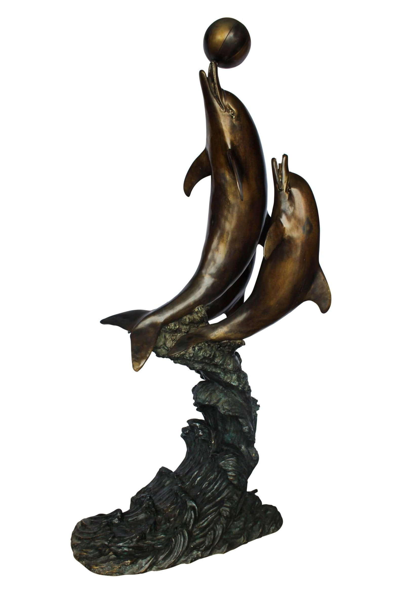 Three Dolphins Performing with Beach Ball Giant Bronze Fountain 41" x 27" x 91"H: This giant bronze fountain showcases three dolphins performing with a beach ball, crafted using the traditional lost wax method. Ideal for outdoor spaces, it combines whimsy with artistic craftsmanshi