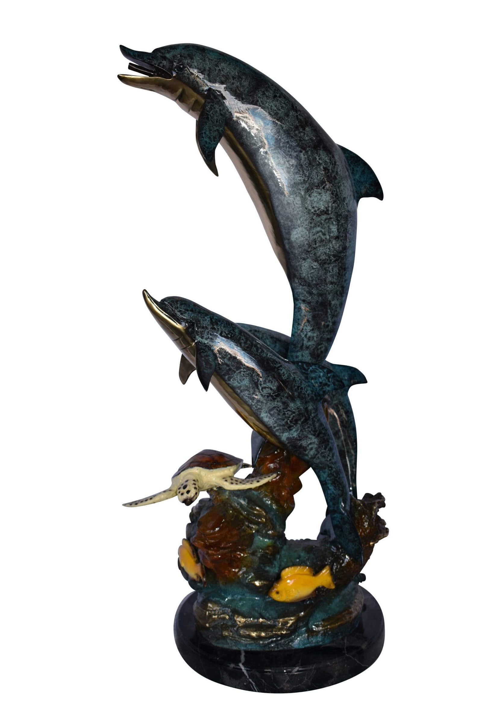 Three Dolphins Swim Next to A Sea Turtle Fountain Bronze Statue 17"x 15" x 38"H: No lover of timeless sea lore and the mysteries of the deep sea can resist this incredibly detailed statue of three dolphins and a turtle, diving down into the ocean. Handcrafted and casted using trad