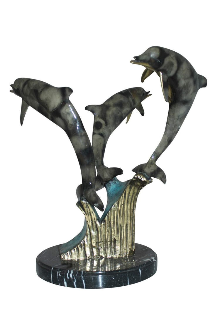 Three Dolphins Table Base Bronze Statue - Size: 20"L x 20"W x 21"H.: No lover of timeless sea lore and the mysteries of the deep can resist this incredibly detailed sculpture of three Dolphinsjumping of the water. Handcrafted in cast brass and finished with colors deep