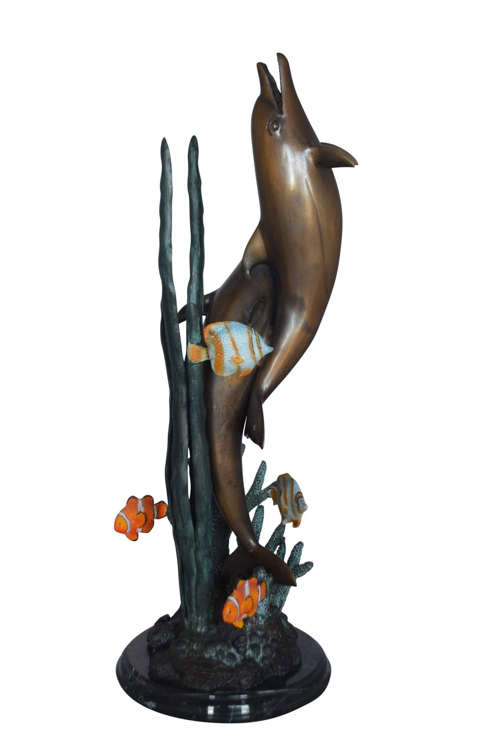 Two dolphins with fish, table top bronze statue. - Size: 8"L x 8"W x 22"H.: What a beautiful underwater, bronze scene of two dolphins and several fish playing amidst the coral. Two of the fish are orange, reminding one of Nemo and his father. The dolphins, incredibly intellig