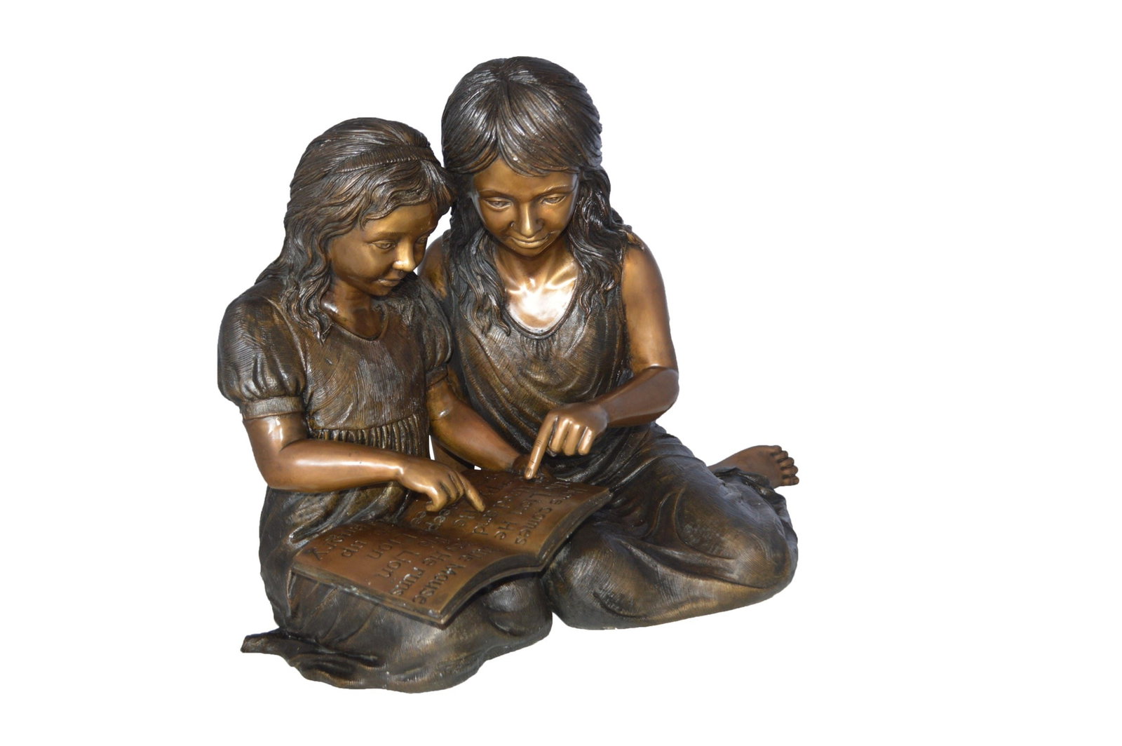 Two Girls Reading a Book Bronze Statue - Size: 33"L x 21"W x 23"H.: Magnificent large size bronze of a girl and a boy siting outside on the ground and reading a book. The joy of youth, lost in a book and putting thoughts to paper, will make your landscape come alive. 