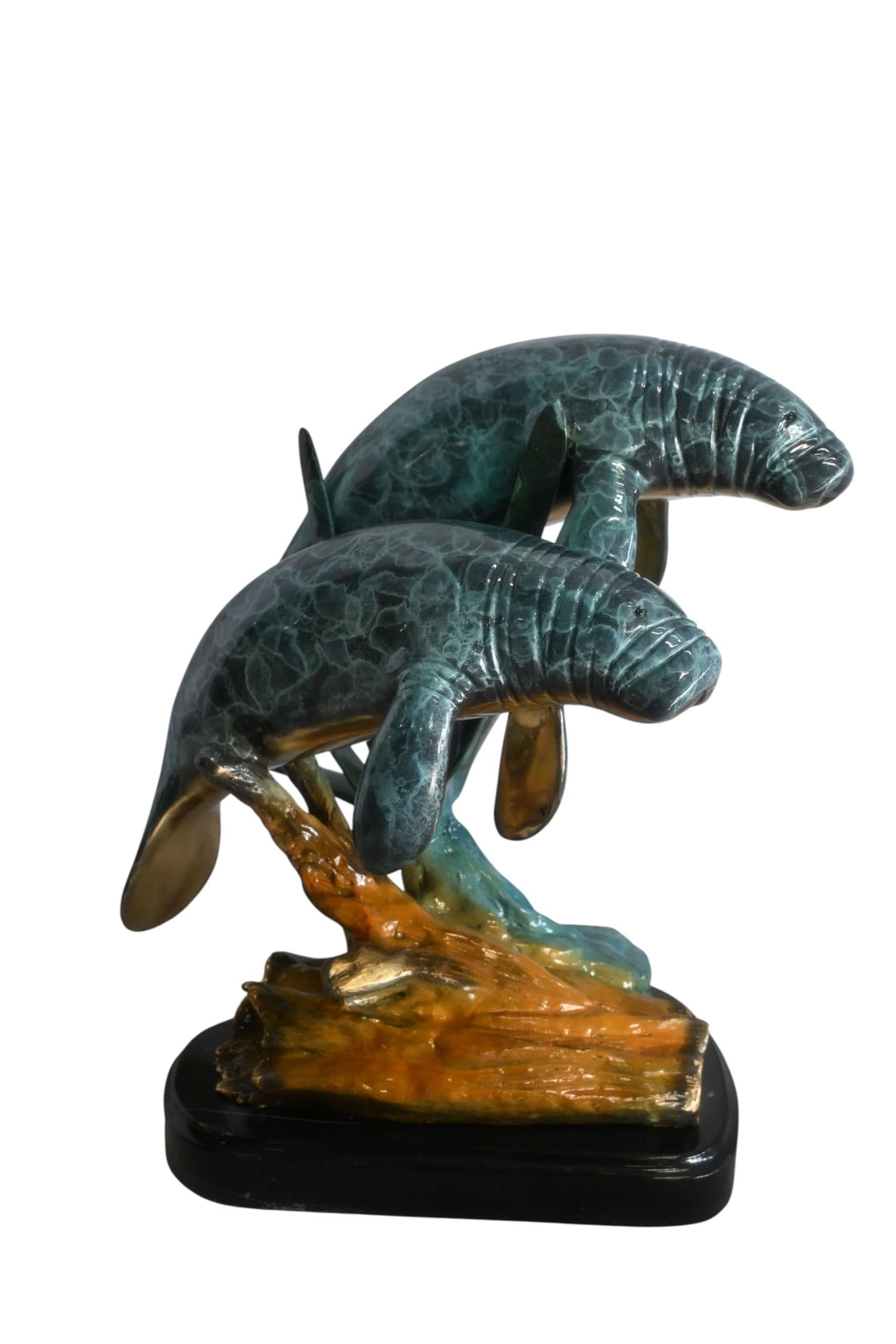 Two Manatees Bronze Sculpture Marble Base Ocean Life 15"x11"x12"H: Charming bronze sculpture featuring two manatees swimming together crafted using the traditional lost wax method. This peaceful piece captures the gentle nature of these endangered marine mammals with