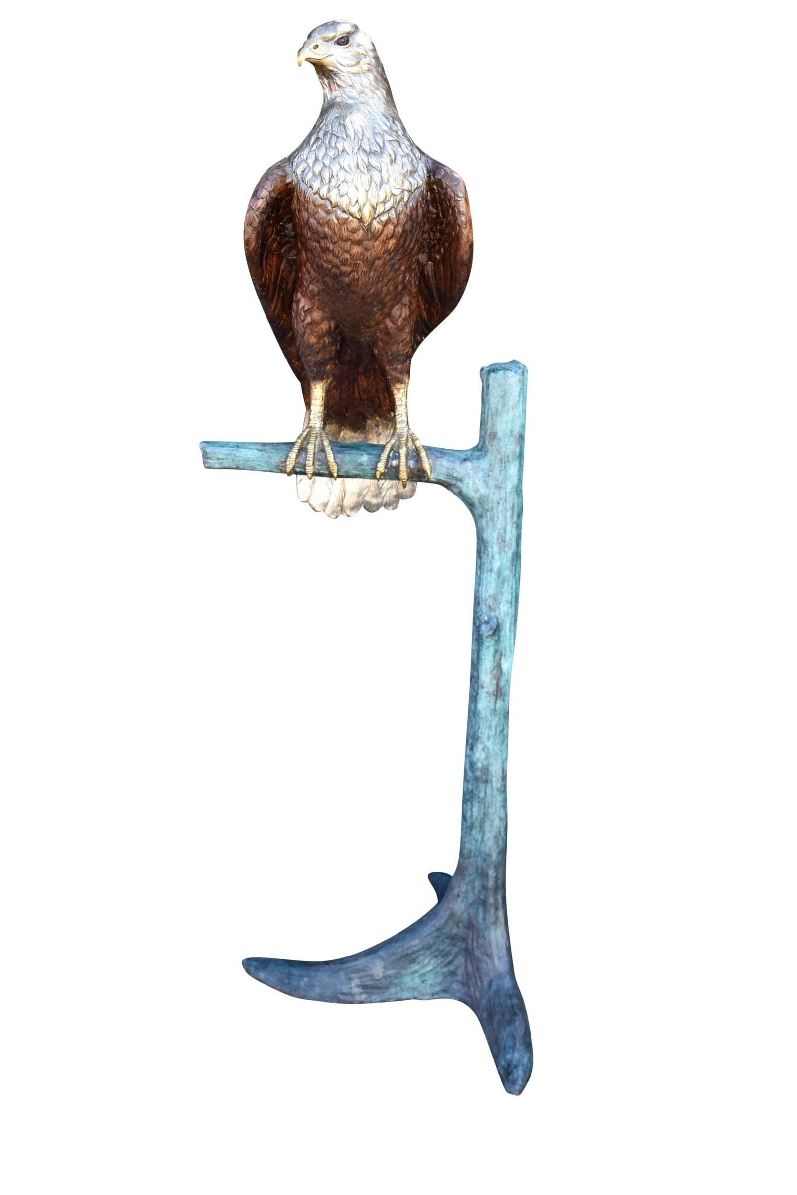 Very Detailed Eagle Standing on A Tree Branch Bronze Statue 24" x 28" x 66"H: A giant eagle made of bronzed perched on a stand. This extraordinary sculpture features a realistic tree trunk that supports the eagle in life-size detail. The eagle is shown with marvelous detail to 
