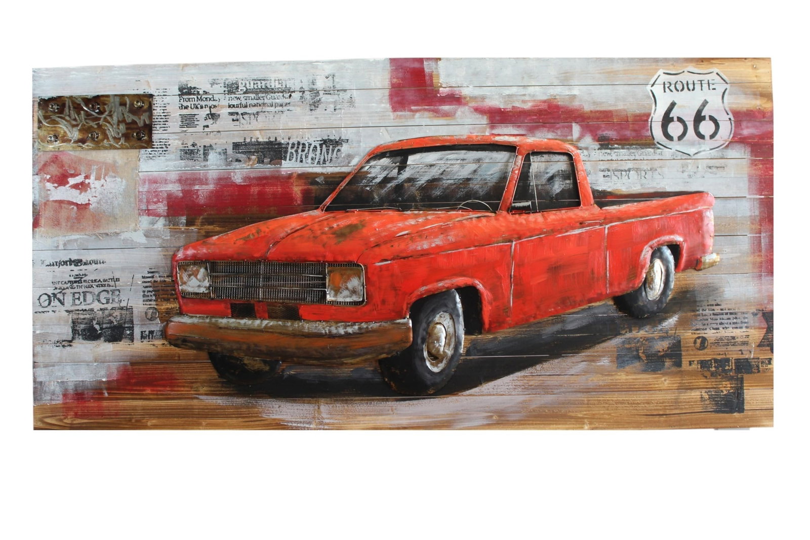 Vintage Red Pickup Truck Painting on Wood with Raised Metal 79" x 2" x 40"H: This handcrafted artwork features a vintage red pickup truck set against a Route 66 backdrop. The base is made of wood, while raised metal pieces add striking texture and depth, giving the truck a bol