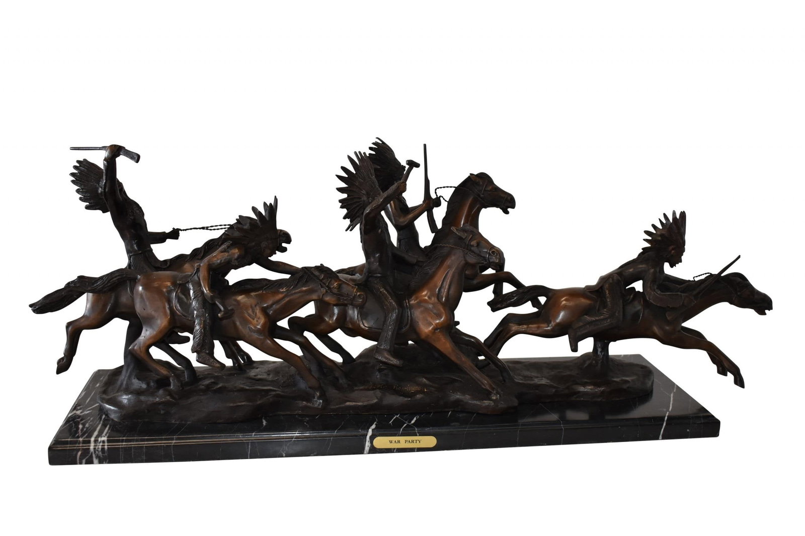 War Party Bronze Statue Replica of Carl Cauba Size: 41" x 12" x 13"H: War Party bronze statue by Carl Kauba mounted on a marble base, is a detailed handmade replica, cast in the traditional Lost Wax Casting Process. The statue is a one-of-a-kind art piece, made to give 