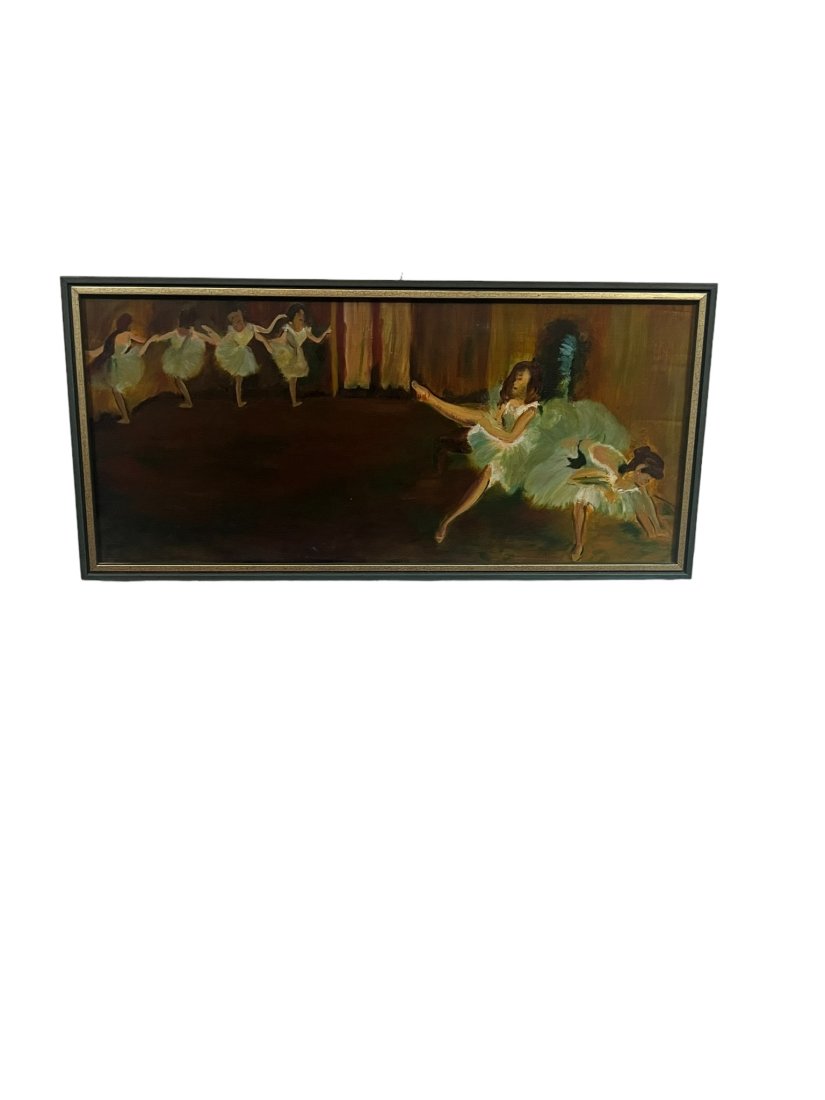 Before the Ballet Oil on Canvas Degas Copy: (Number 2. We have 2 of these paintings for auction. This is the blue framed one.) This oil on canvas painting was copied from the original Degas painting. Art is framed in a blue frame. Painting is i