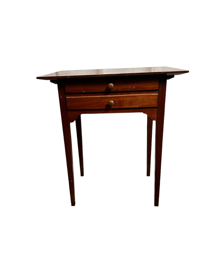 20th Century 2 Drawer Wooden Table: Twentieth Century two drawer wooden table. Table top has heavy wear and staining. Table is 2 feet long by 16.5 inches deep by 27 inches tall. Drawers are in good working condition table is sound and s