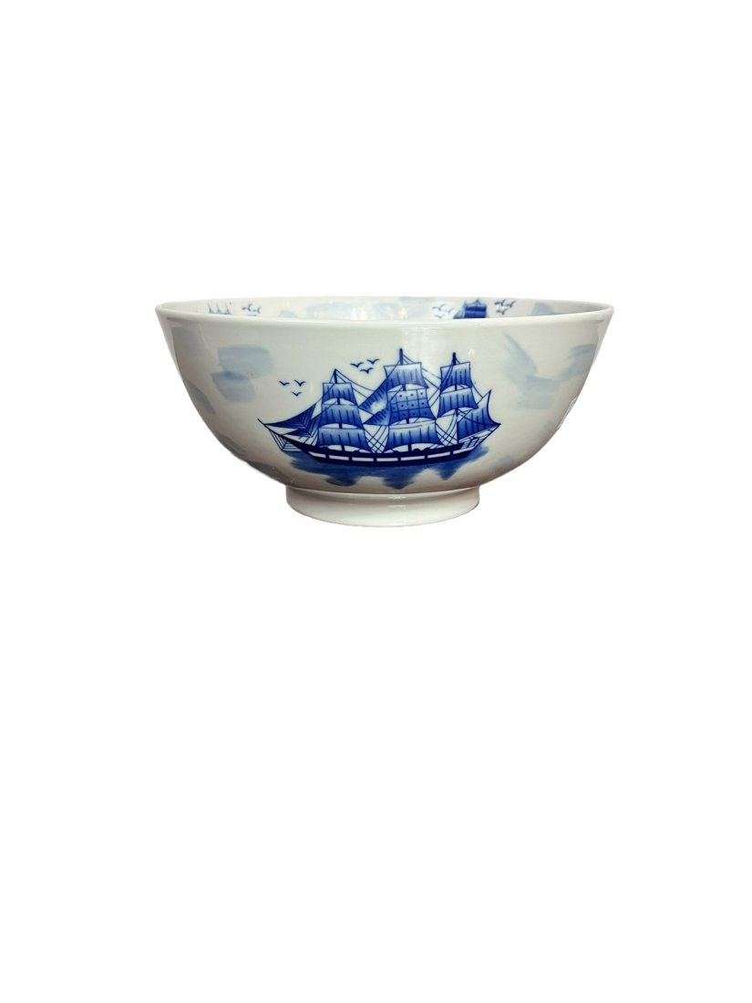 Blue and White Large Ceramic Ship Bowl (1 of 7)