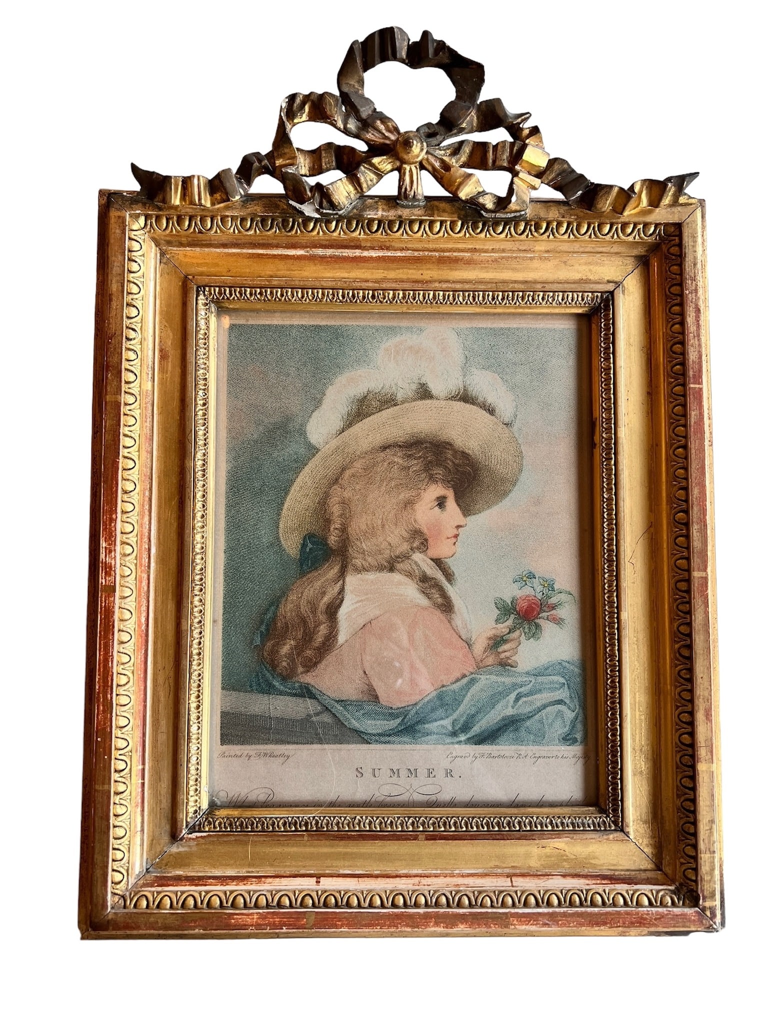 19th CENTURY ETCHING 'SUMMER' OF YOUNG LADY IN FRENCH FRAME (1 of 3)