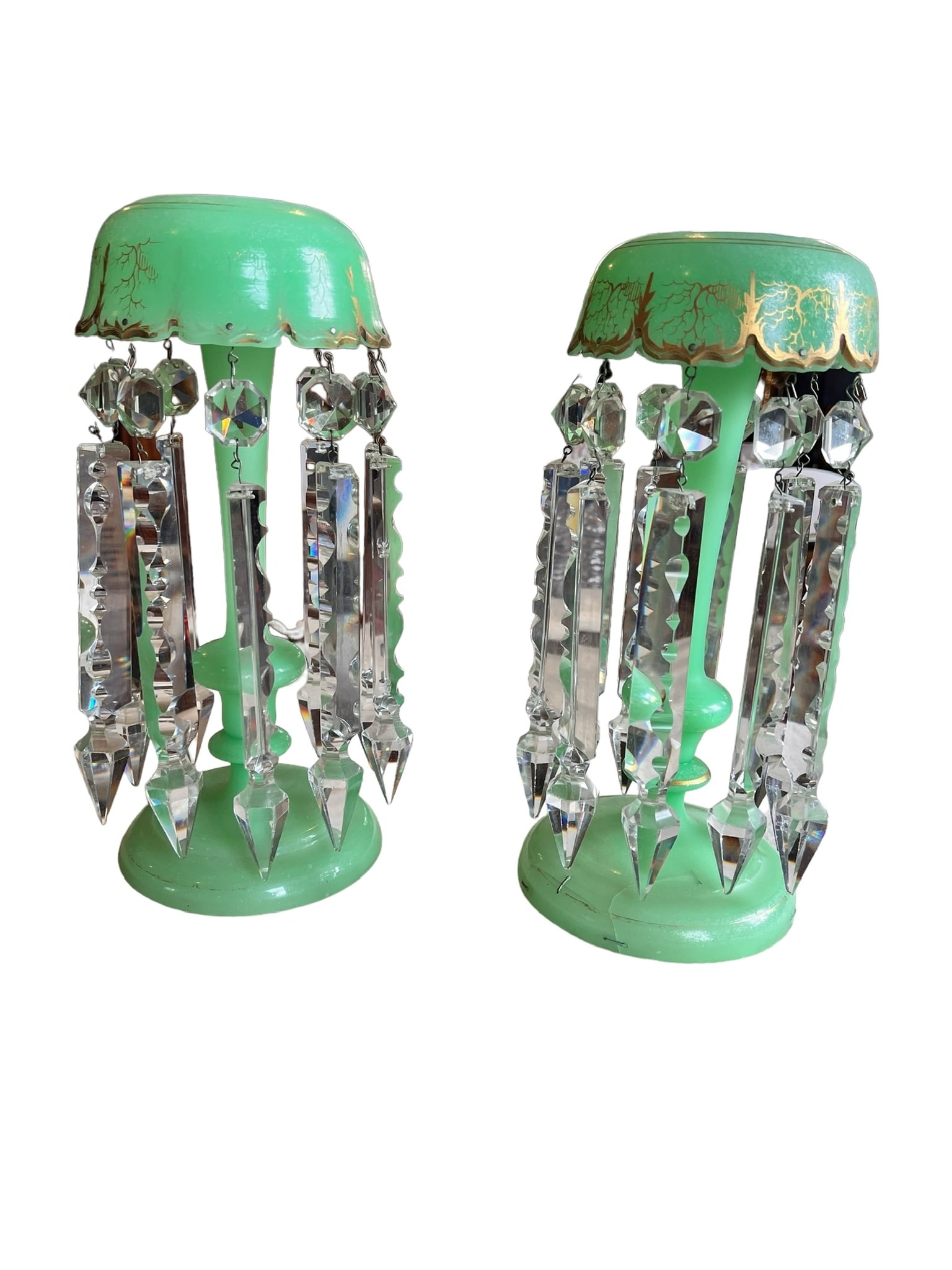 PAIR OF GREEN BRISTOL TYPE GLASS LUSTRES: 19th century green Bristol type lustres, pair, with large cut drop prisms. Repair to one base and minor chips on some drop prisms. Gold décor has faded in some areas. Wear is consistent with age and 