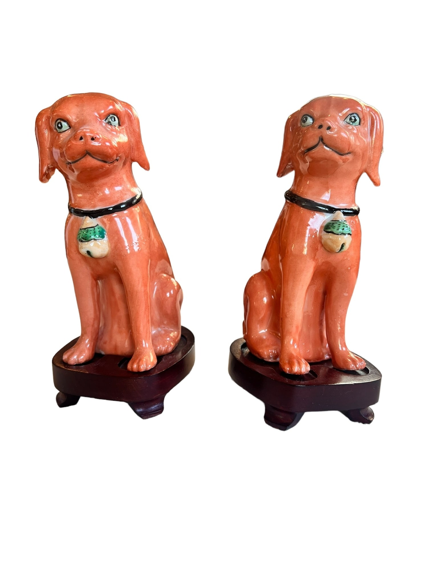 PAIR OF ORANGE CERAMIC DOGS ON STANDS 20th Cent (1 of 5)