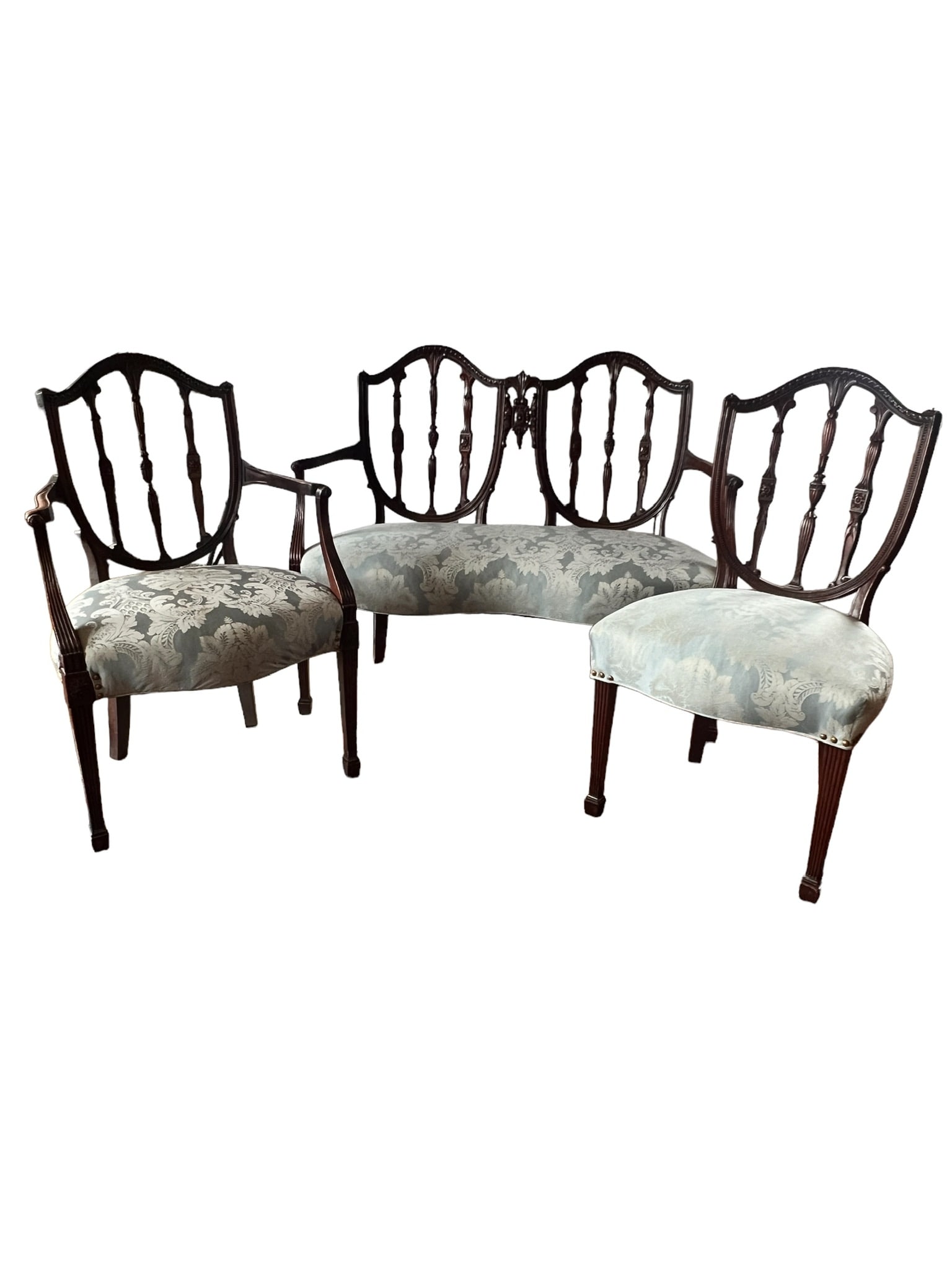 SUITE OF GEORGE III STYLE MAHOGANY SEATING FURNITURE: Lot of 3 pieces of George III style seating made from mahogany. Settee, and armchair, together with a side chair in the Hepplewhite style. Beautiful set in excellent condition with minor stains. Sette