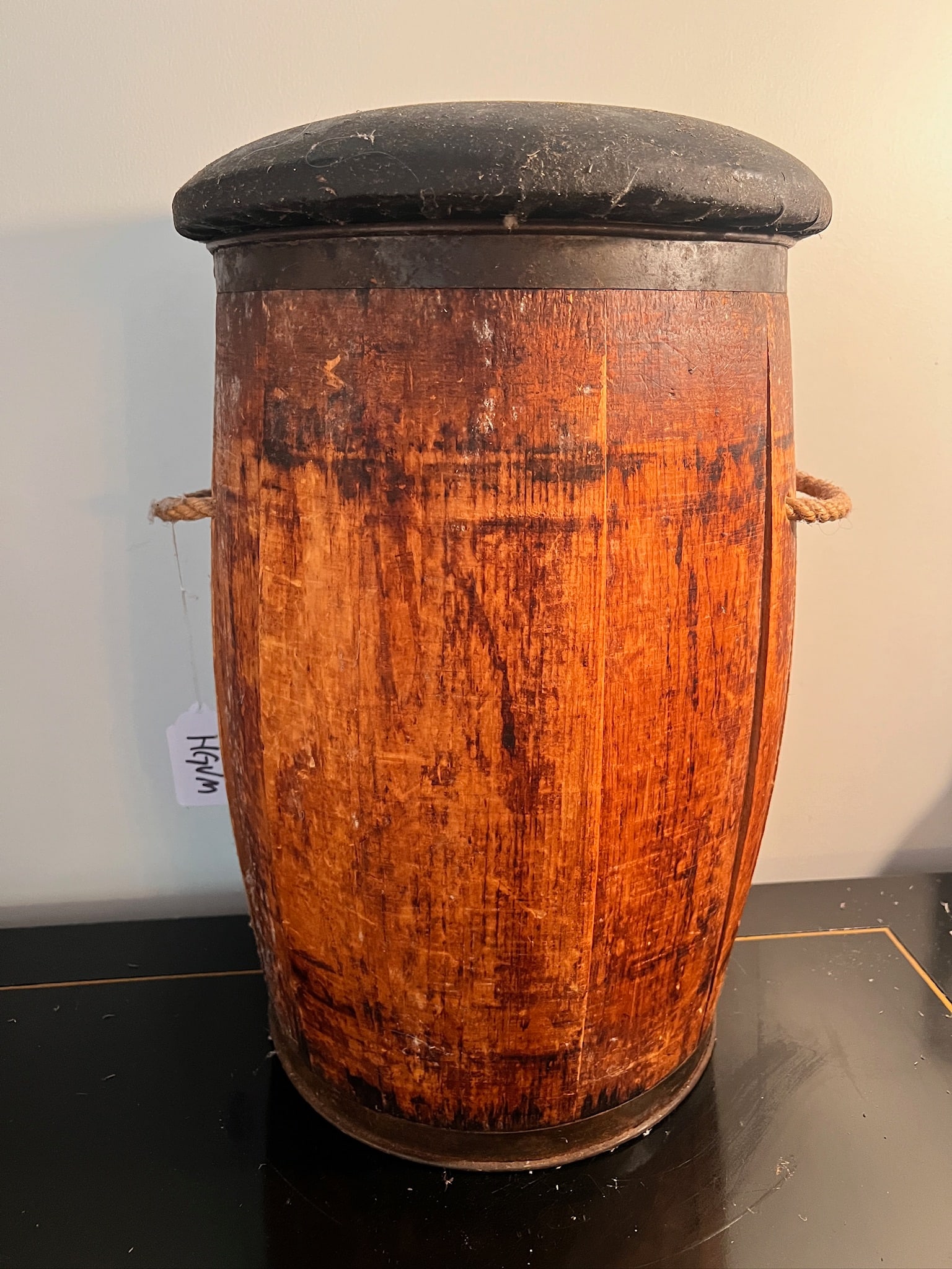 Vintage Nail Keg Shipping Barrel: Vintage Nail Keg shipping barrel with original top covered with faux leather. Top needs cleaning or removal of leather like material. Barrel keg has rope handles on each side. Unmarked. Measuring 18 i