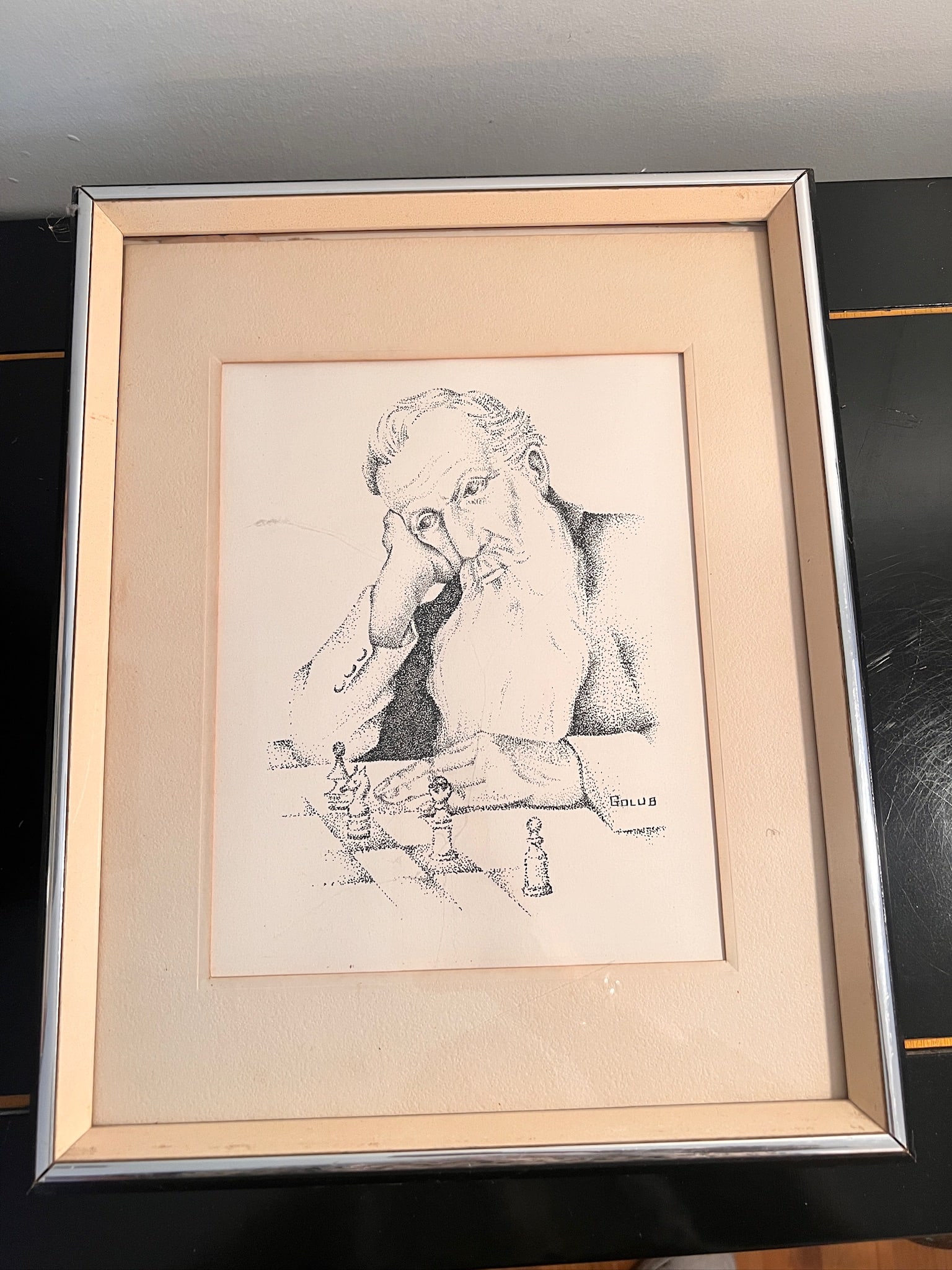 Work on Paper Stippling of Man Playing Chess by Golub (1 of 4)