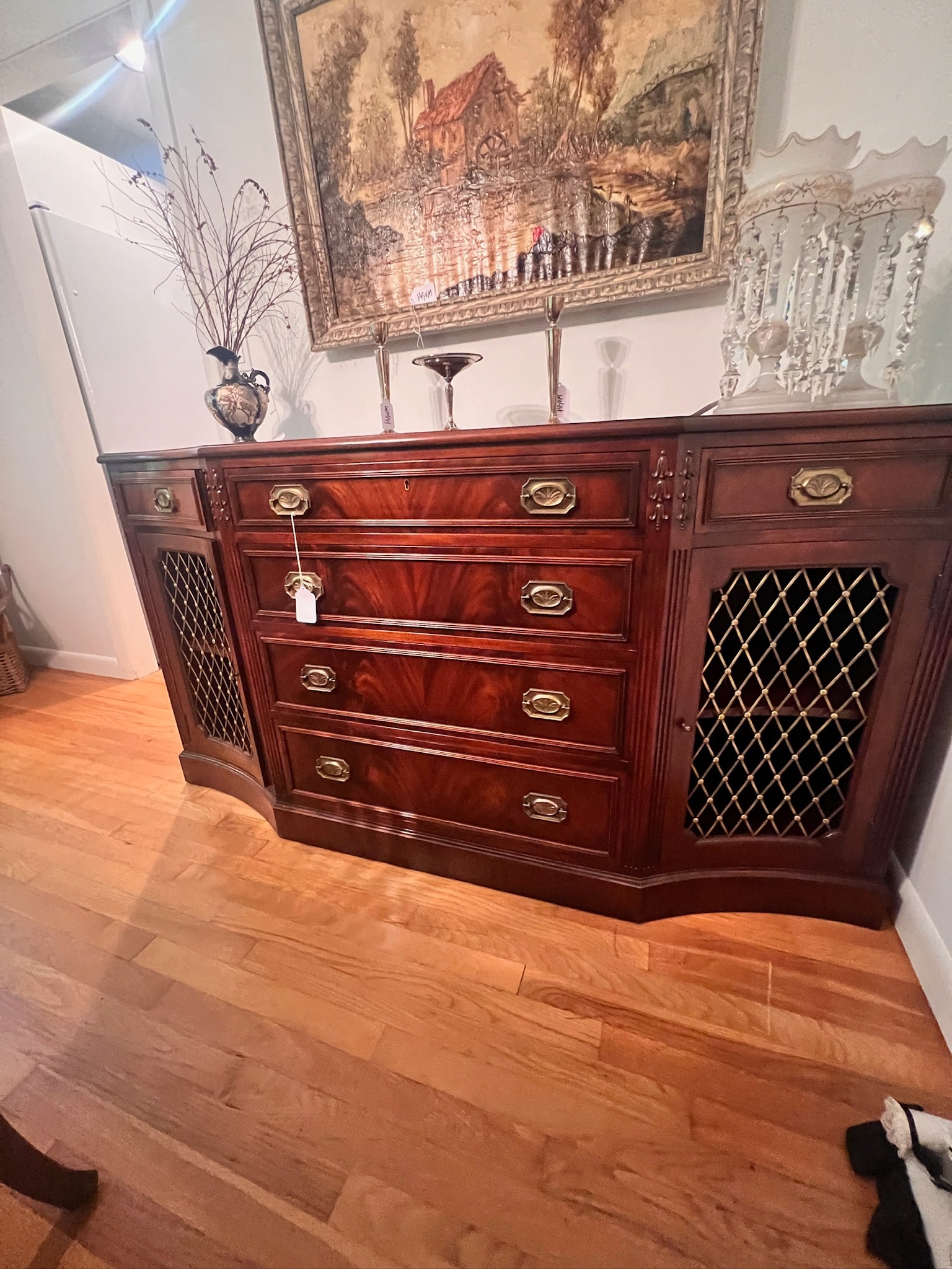 Mahogany Buffet F & G Handmade Furniture by Adolfo Genouese Cambridge Mass: Excellent condition mahogany buffet by the F&G Handmade Furniture Co by Adolfo Genouese from Cambridge Mass. 4 main drawers, 2 side drawers, and 2 cabinet doors with brass screening. Buffet measures 6