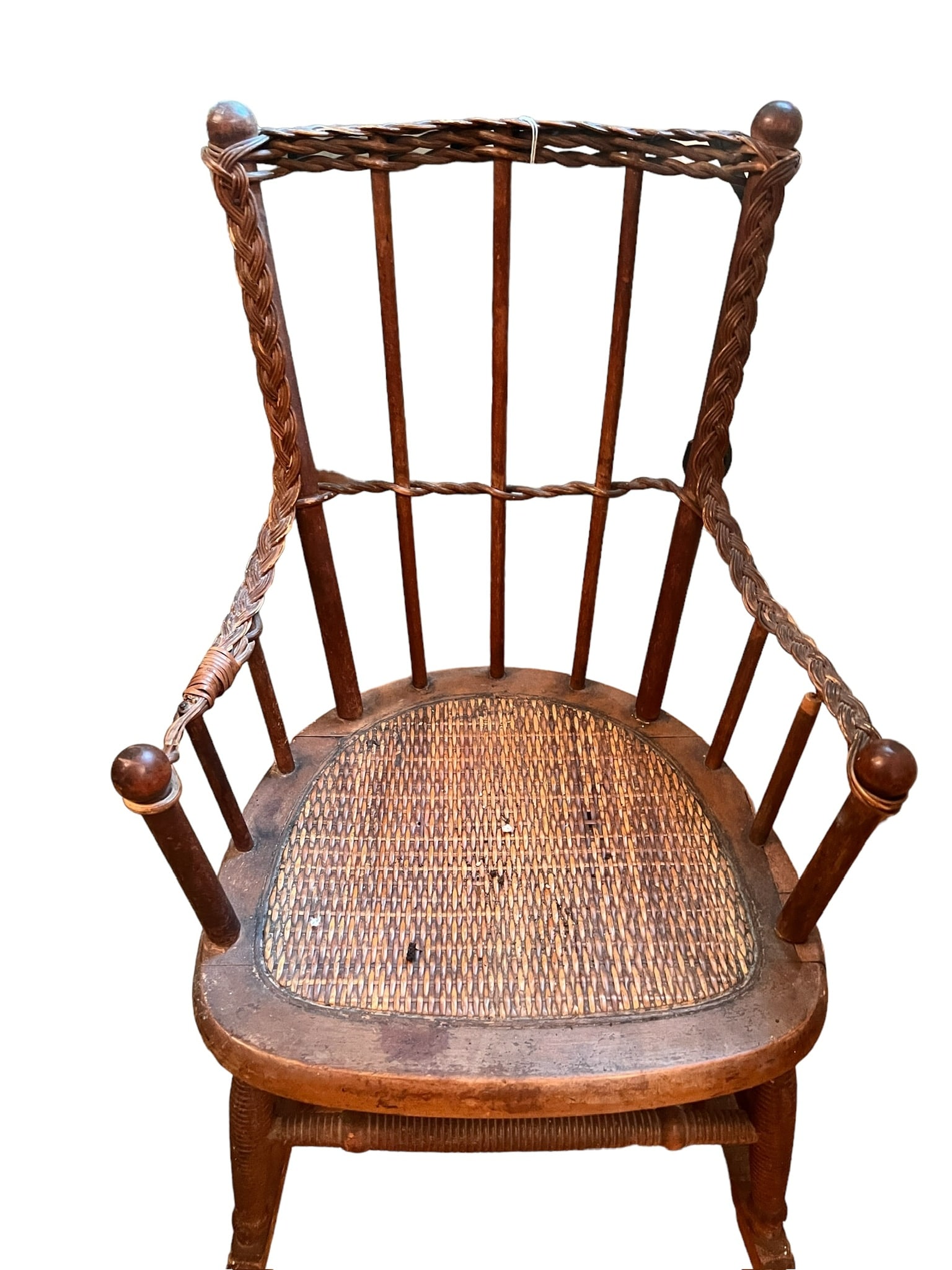 Antique Heywood Wakefield Childs Rocker 1907 w Certificate: Antique Heywood Wakefield child’s rocker. Rocker is in as is condition and needs repair, dated 1907 with certificate from the Heywood Wakefield company. Measures 24.5 inches tall by 14 inches wide b