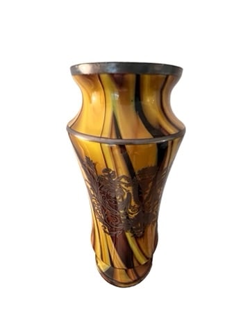 Beautiful Slag Glass Vase w Sterling Silver Overlay: Beautiful slag glass vase with sterling silver overlay. Vase is 11.5 inches tall by 3.5 inches wide. Silver design is featured on both sides of the vase. Location: Living Room. ****** Please review al