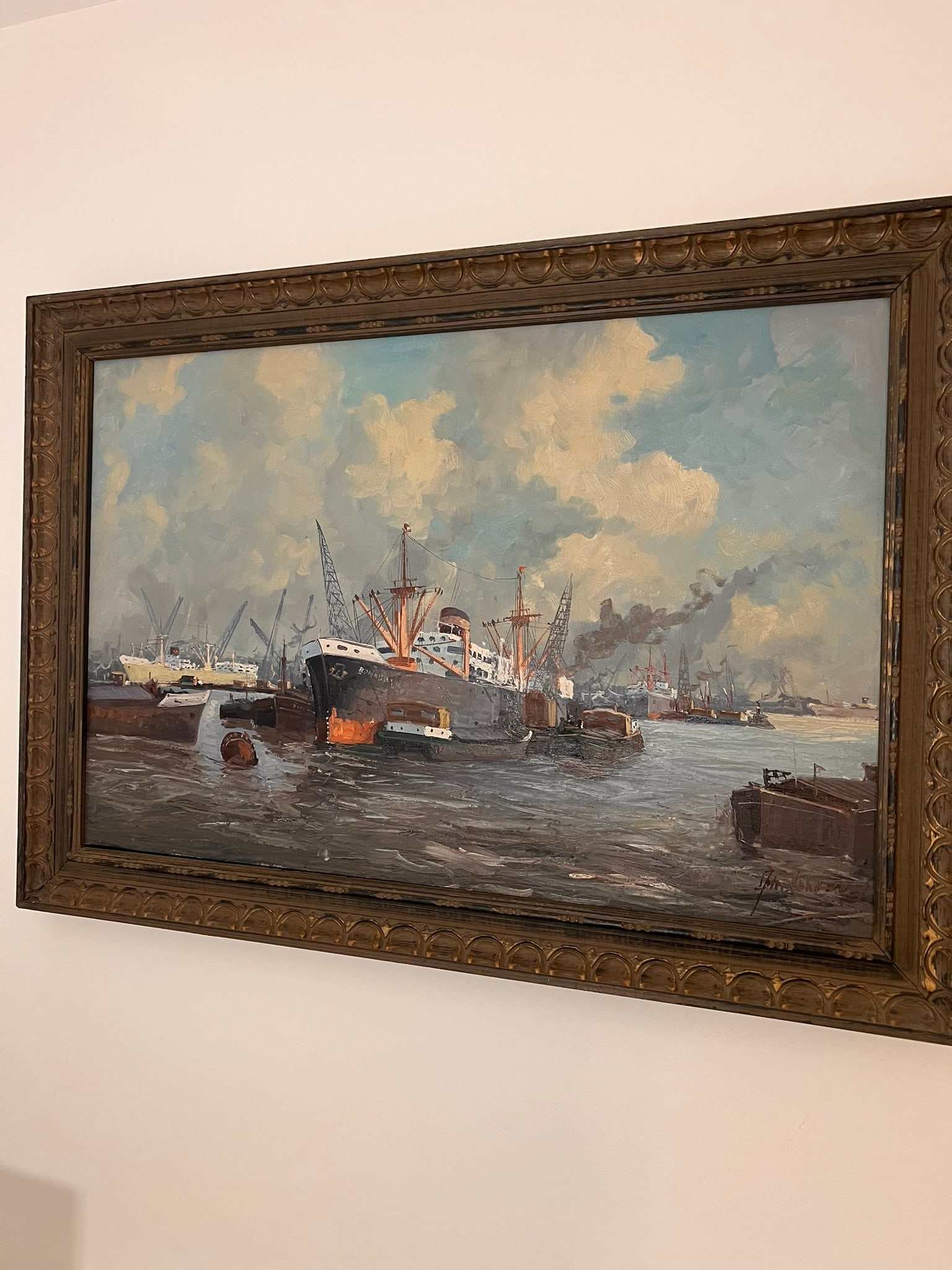 Oil on Canvas Boats in Harbor Signed (1 of 5)