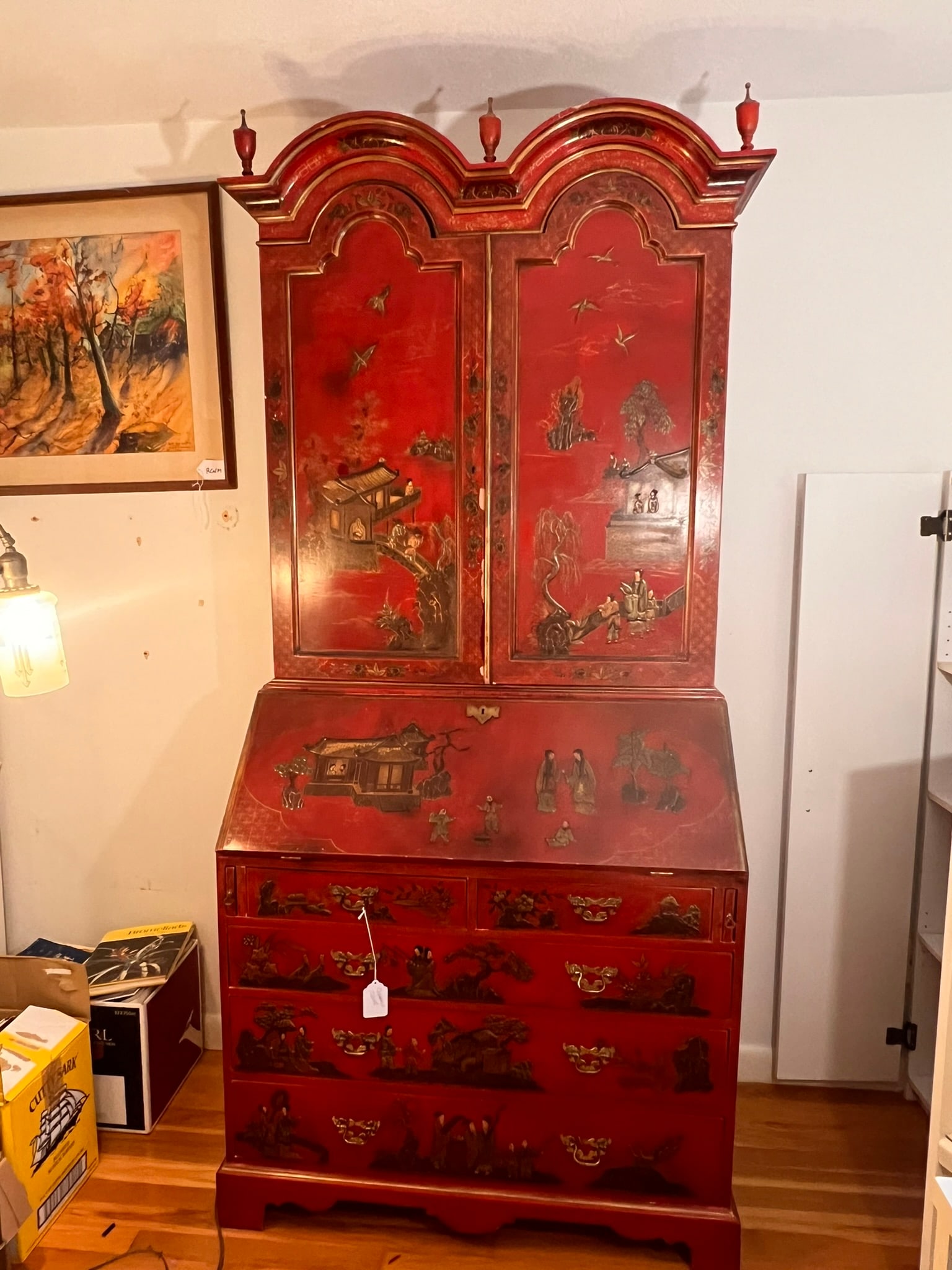 Large Red Decorated Chinoiserie Secretary Desk (1 of 9)