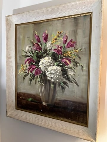 Henry Housier (French, B1905) Artwork Still Life Oil on Canvas: Still Life artwork by Henry Housier, (French B1905). Painting is of a bouquet of flowers in a vase, framed in a white wood frame. Signed lower right, Housier. Measures 24.5 inches wide by 28.5 inches 