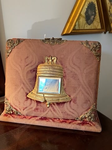 Antique Victorian Photo Album 1800s: Antique Victorian photo album, (1800s). Album is red velvet with a bell-shaped mirror on the front. Album is empty, no pictures present, and has a secret writing desk drop down in the back complete wi