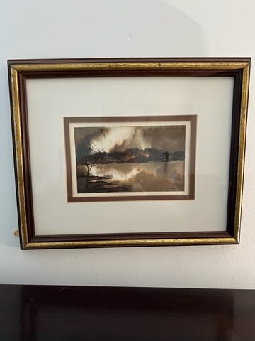 Watercolor Titled Serenity by Nugent 1981: Watercolor title Serenity by artist Nugent, 1981. Measures 17 inches x 14 inches tall. Location: Upstairs Bedroom 2nd on the Left. ***** Please review all photos for further information & description.