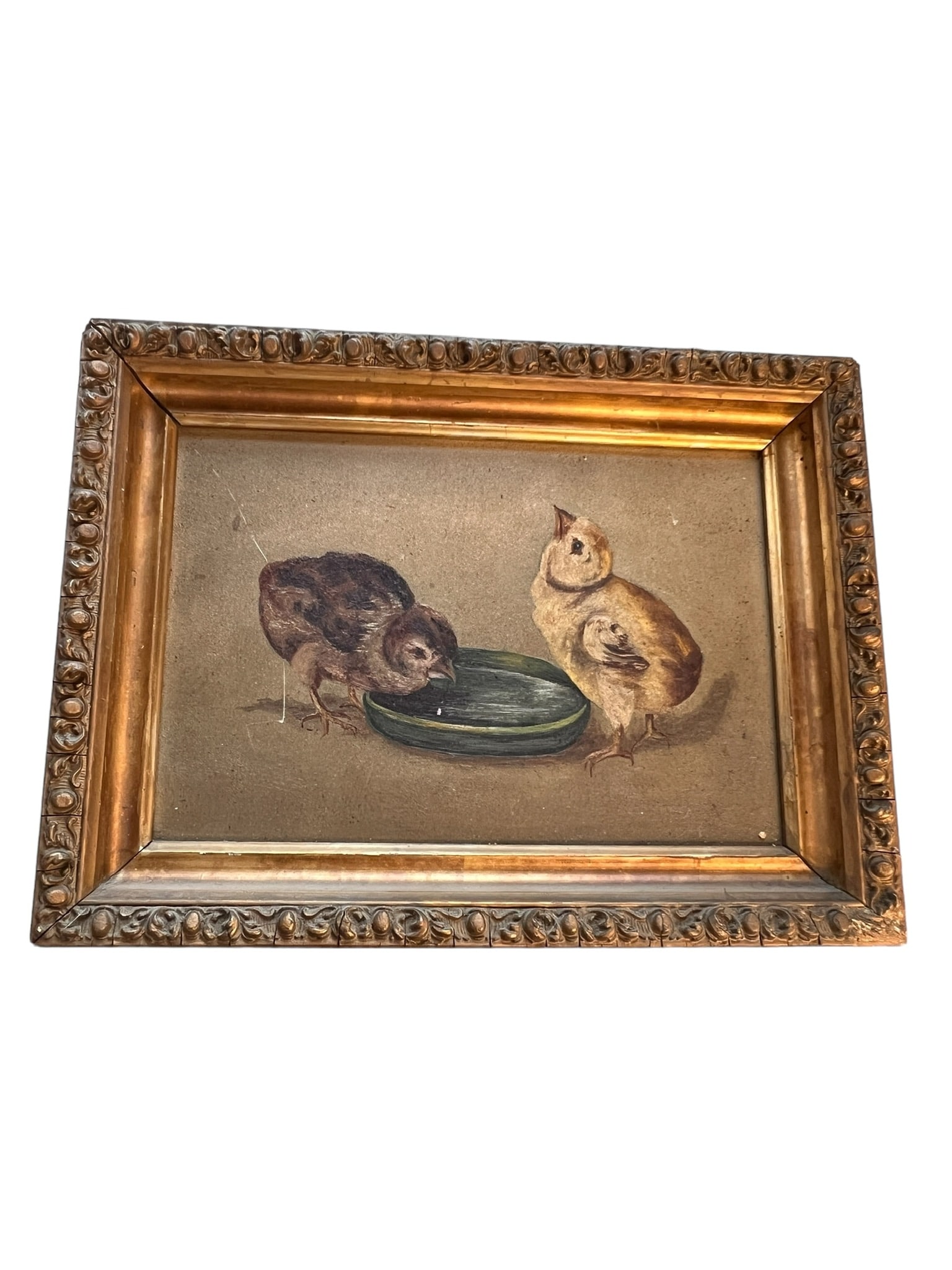 19th century Oil on Board of Chicks: 19th century Oil on Board of Chicks. Very well done oil on board featuring small chicks at a water bowl. In gilded frame measuring 12.5 inches long X 9.25 inches tall. Client 001 ****** Please review