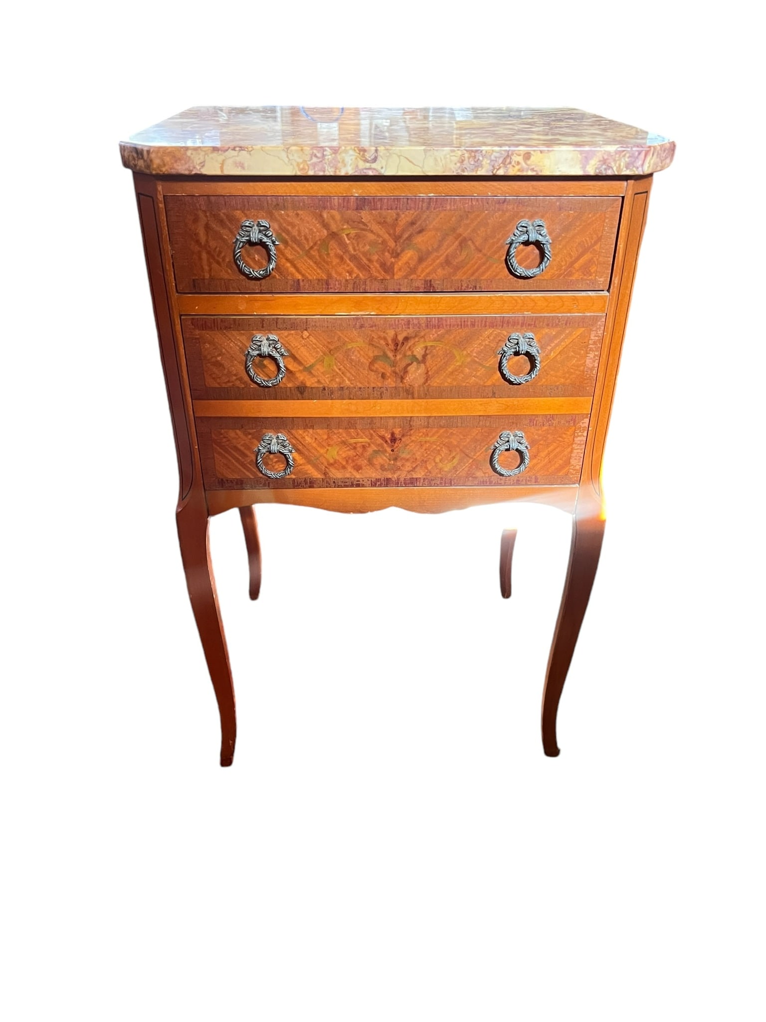 French Style Marquetry Marble Top Bedside Table (1 of 6)